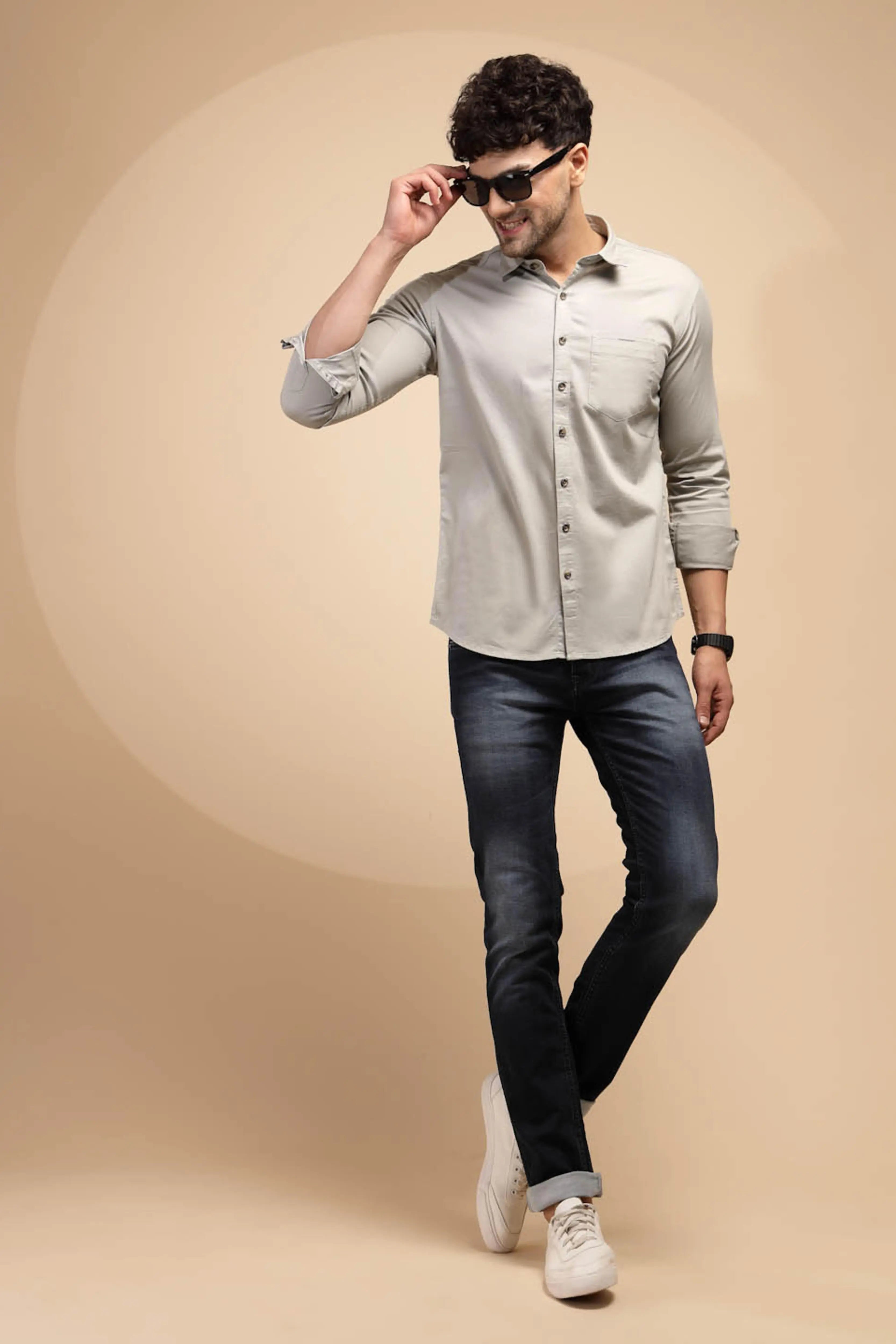 Grey Solid Full Sleeve Collared Neck Cotton Blend Shirt - Global Republic