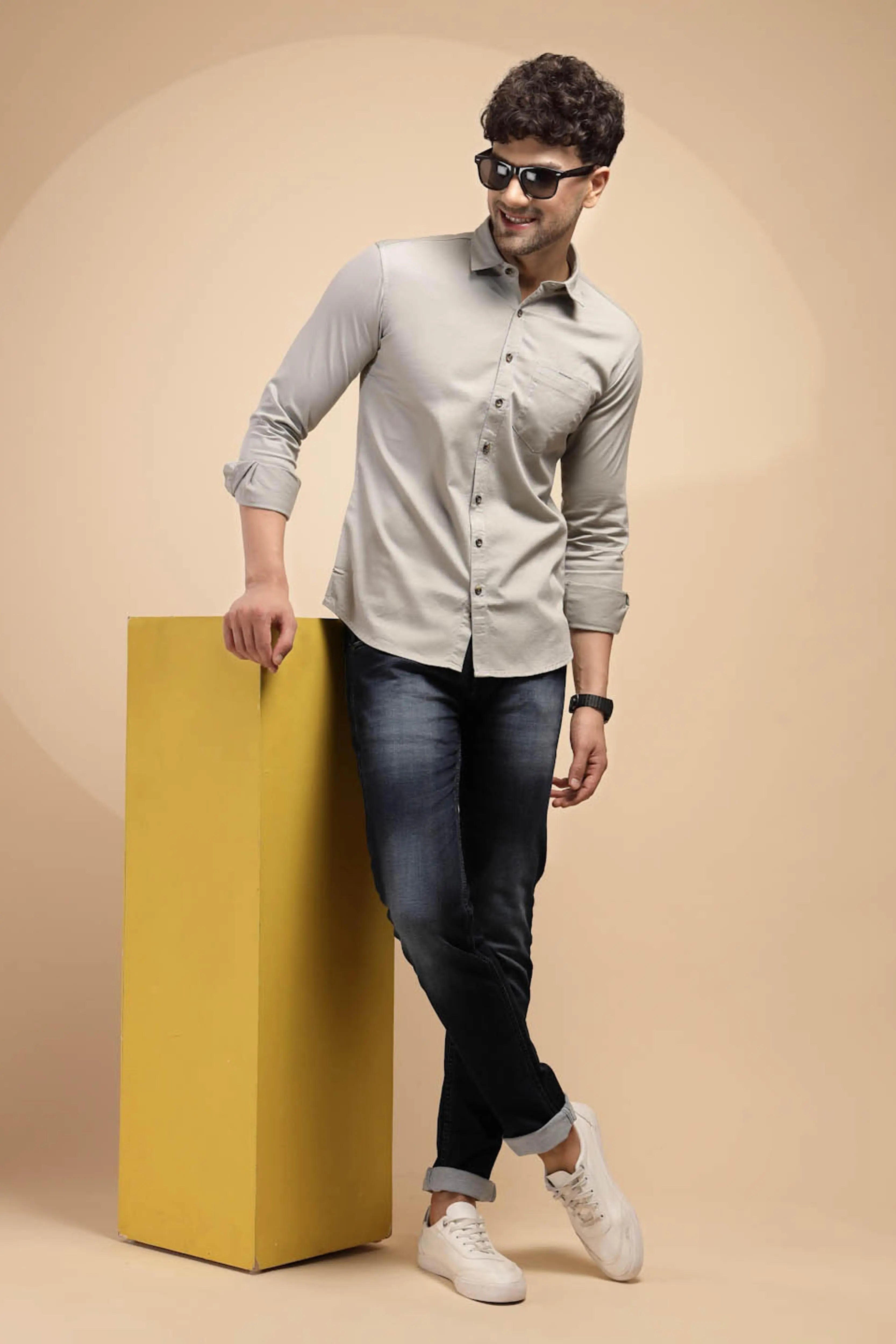 Grey Solid Full Sleeve Collared Neck Cotton Blend Shirt - Global Republic