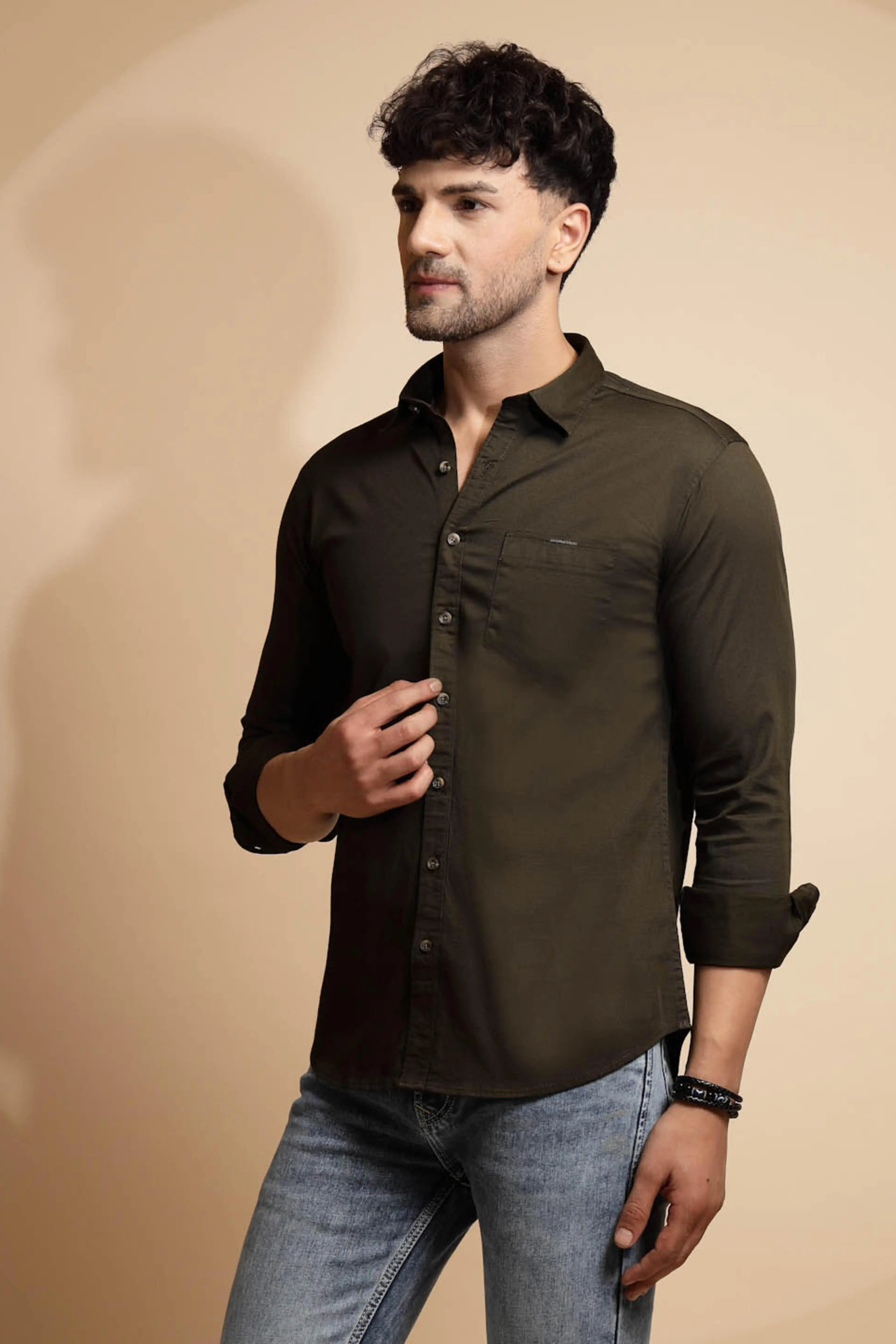 Olive Solid Full Sleeve Collared Neck Cotton Blend Shirt - Global Republic