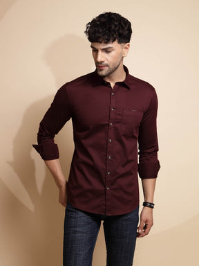Maroon Solid Full Sleeve Collared Neck Cotton Shirt