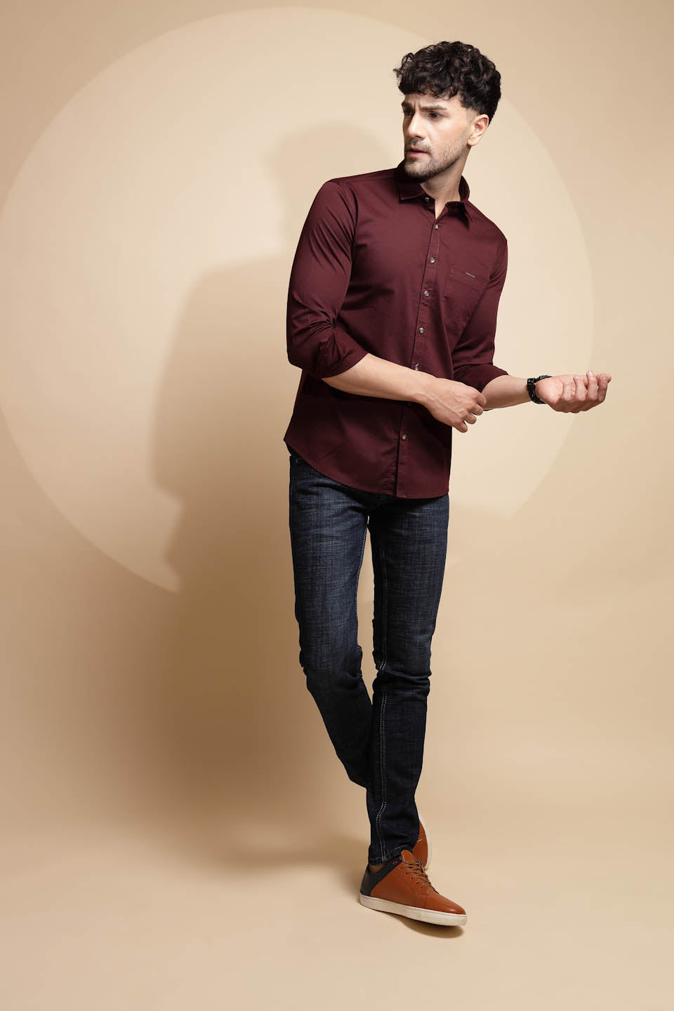 Wine Solid Cotton Blend Shirt - Global Republic