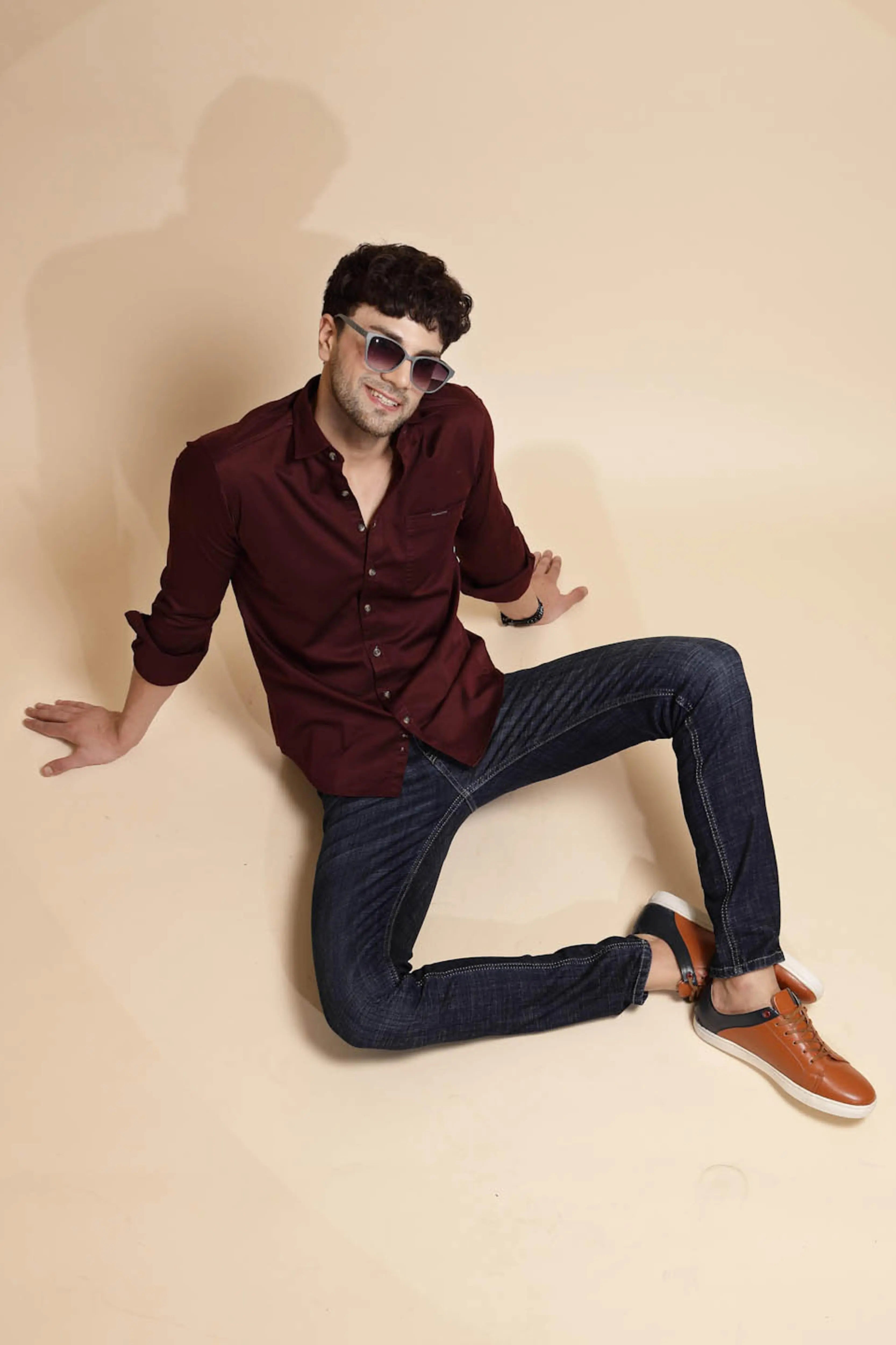 Wine Solid Cotton Blend Shirt - Global Republic