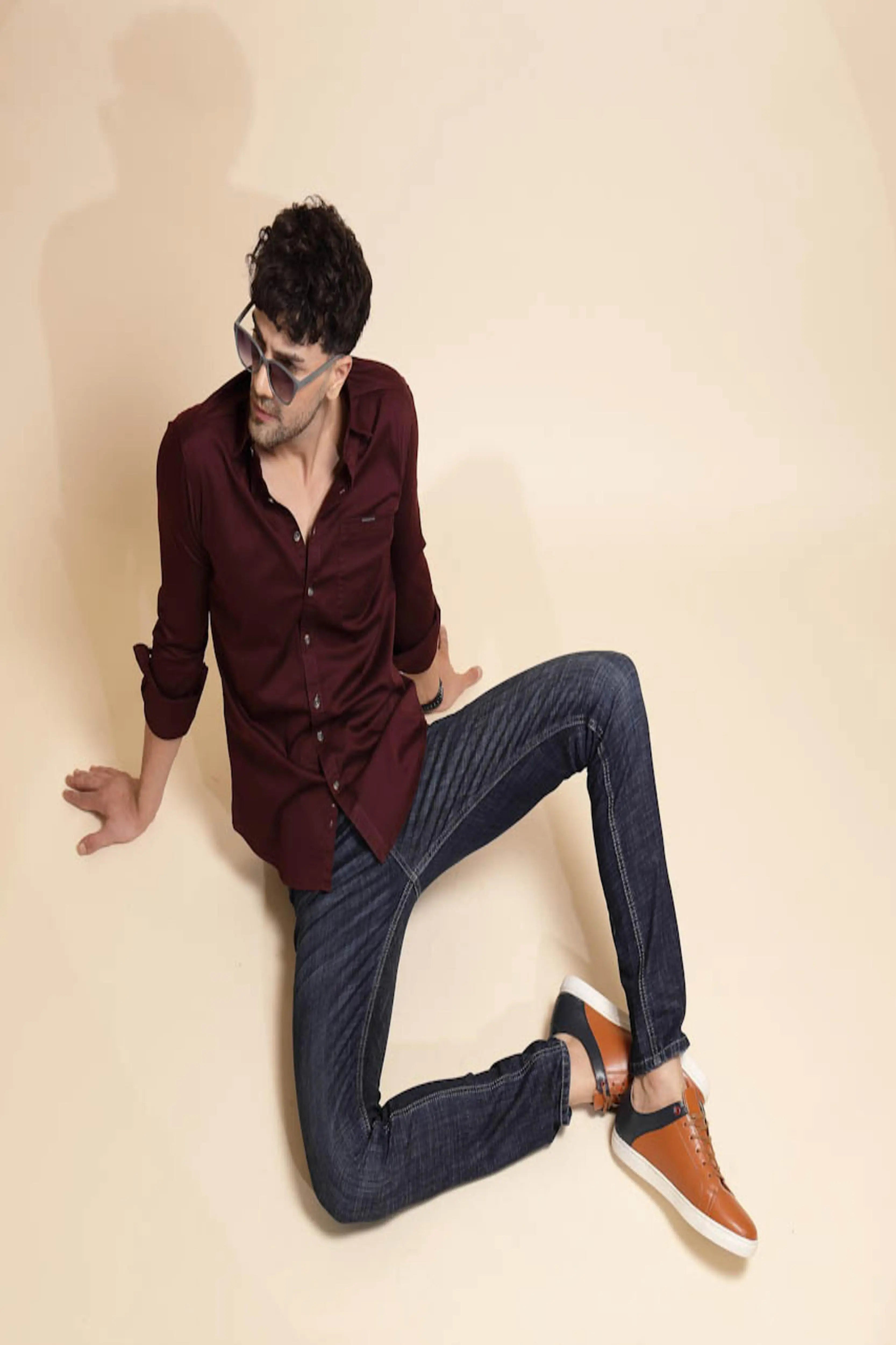 Wine Solid Cotton Blend Shirt - Global Republic