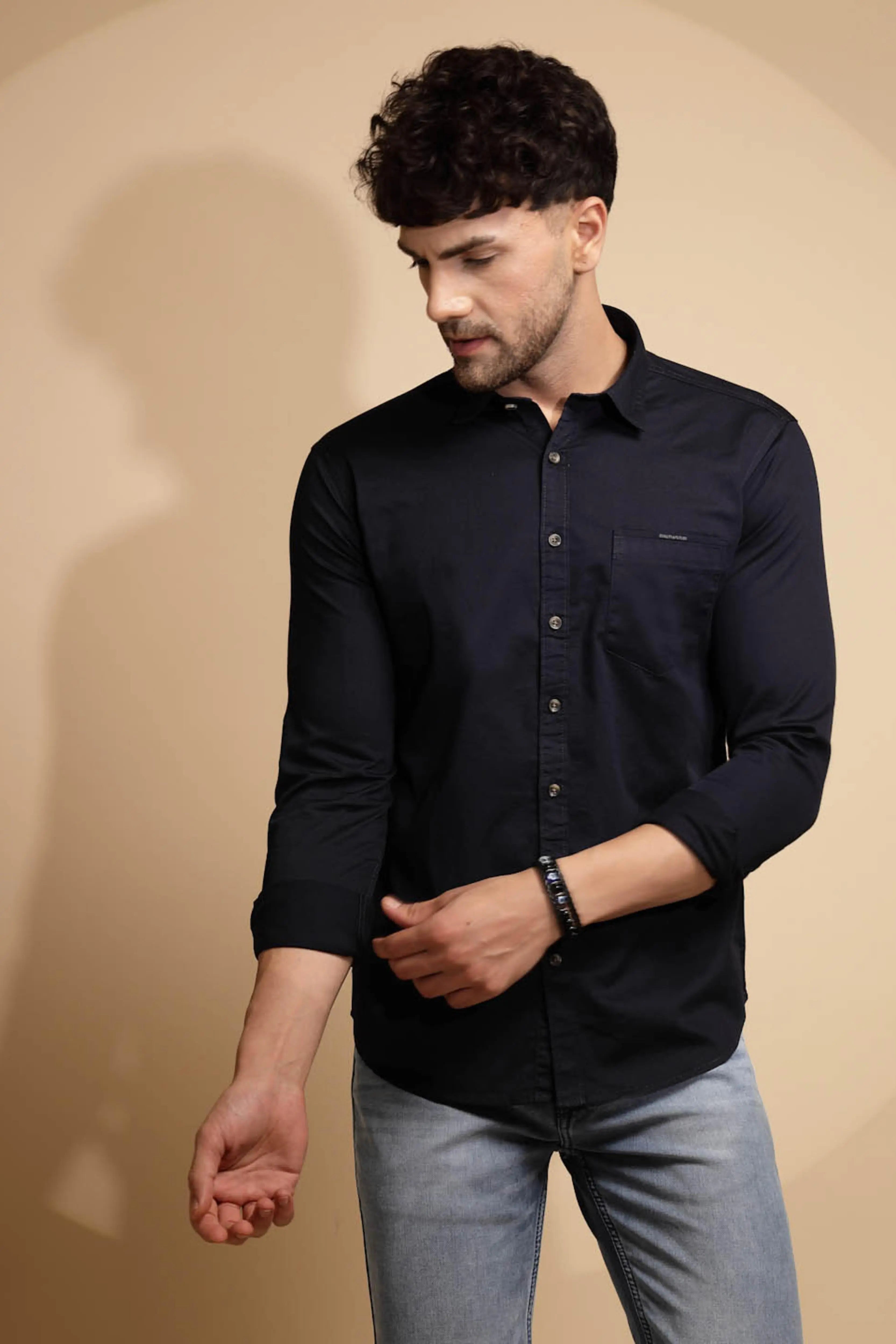 Blue Cotton Blend Solid Shirt - Global Republic