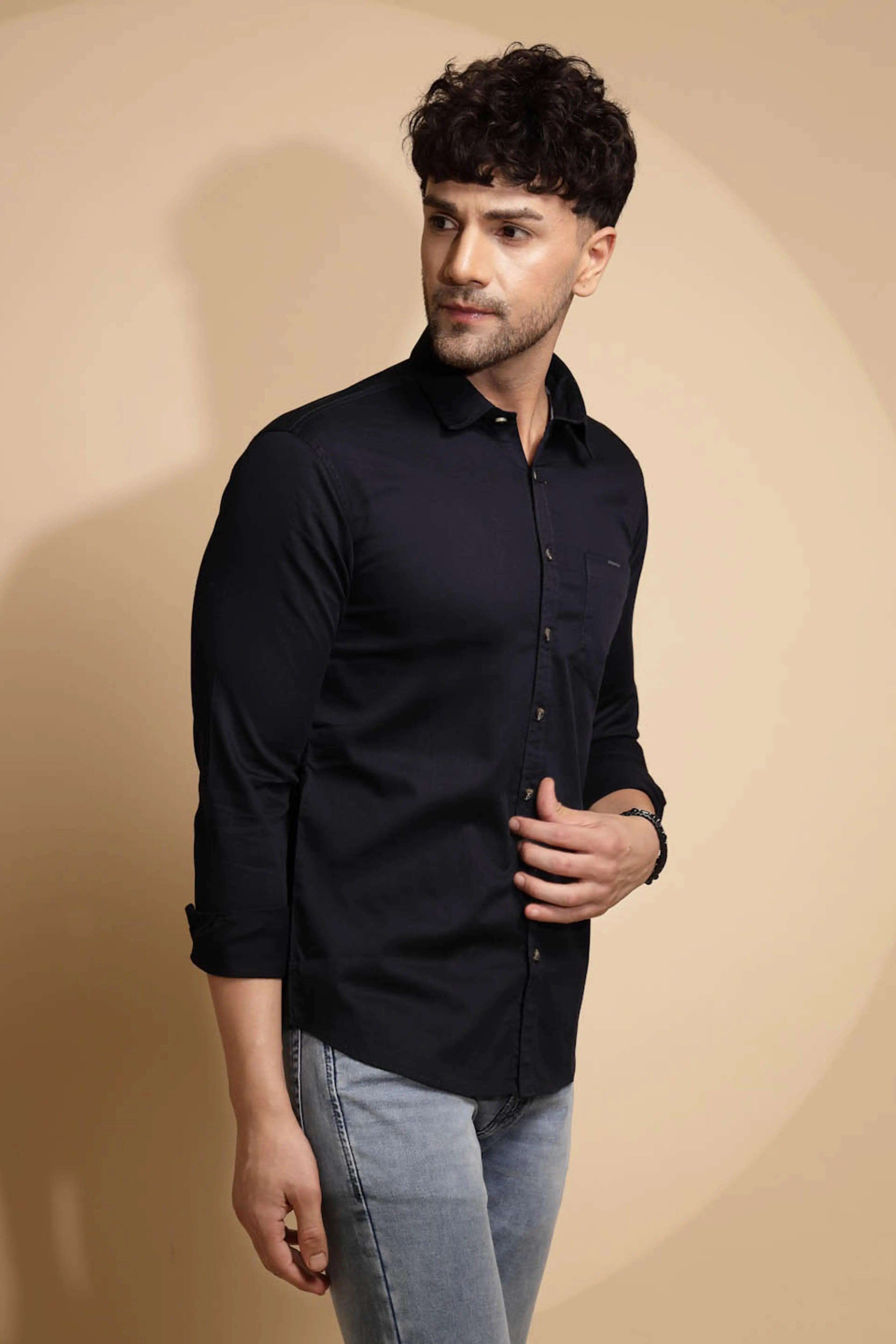 Blue Cotton Blend Solid Shirt - Global Republic