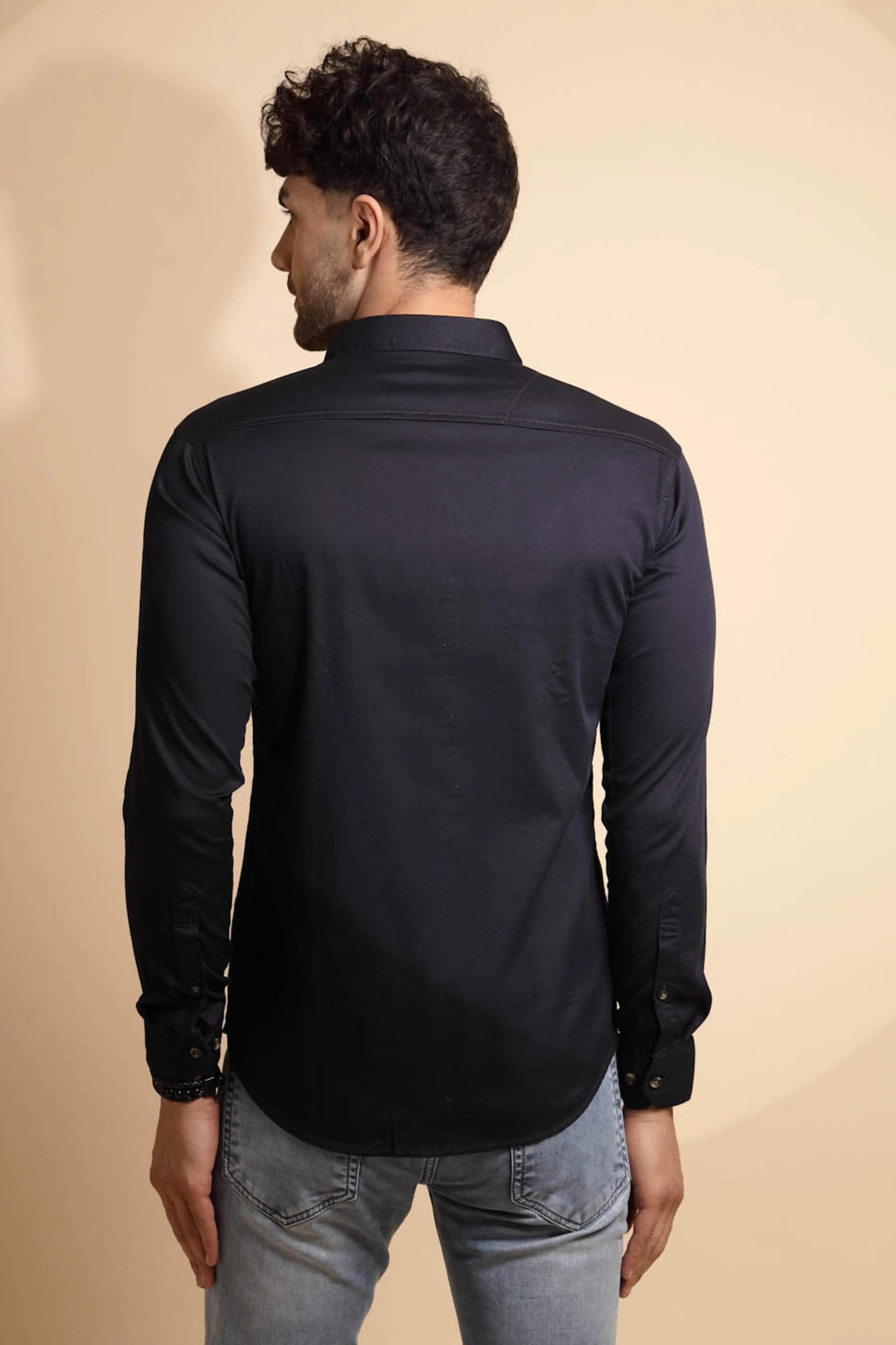 Blue Cotton Blend Solid Shirt - Global Republic