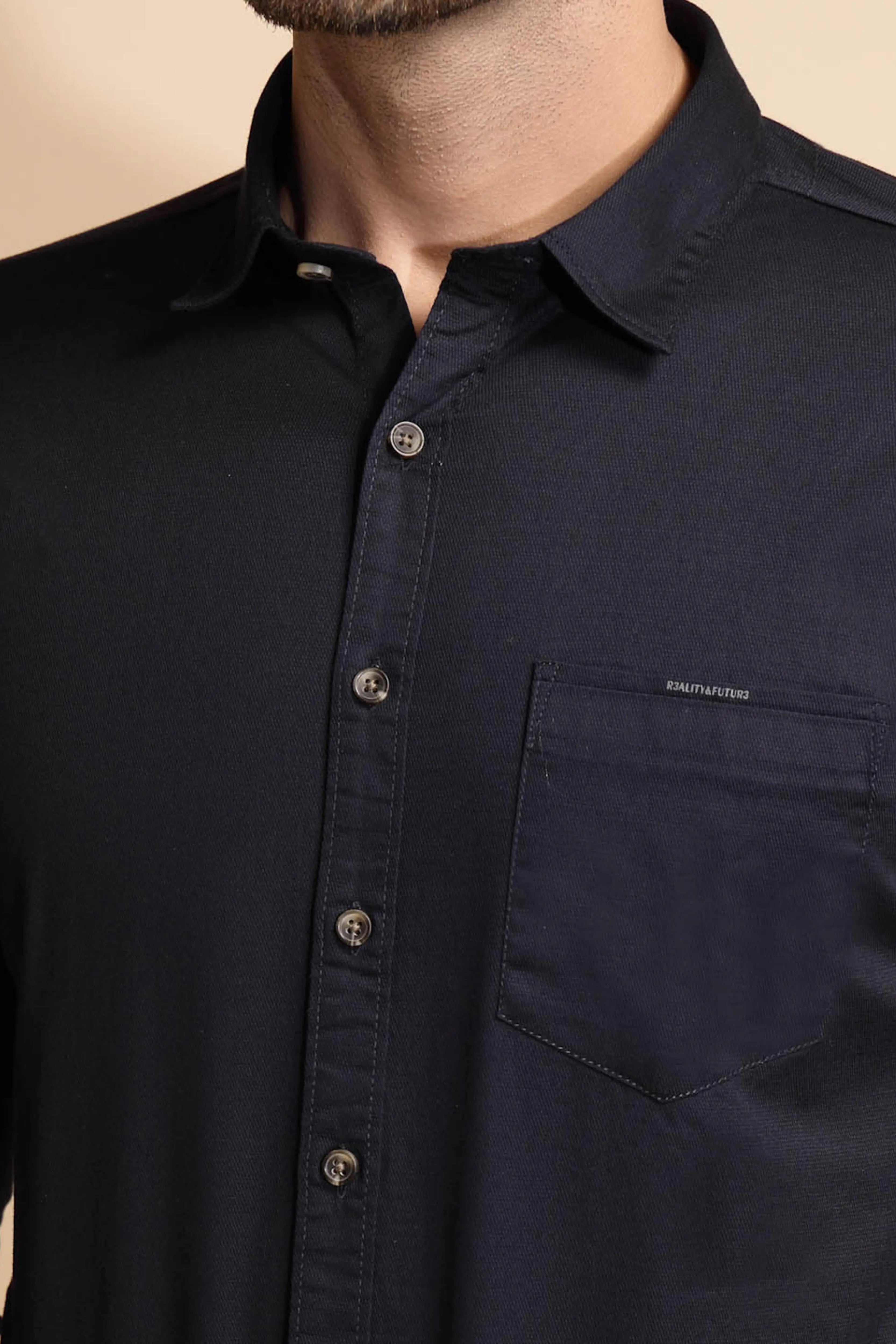 Blue Cotton Blend Solid Shirt - Global Republic
