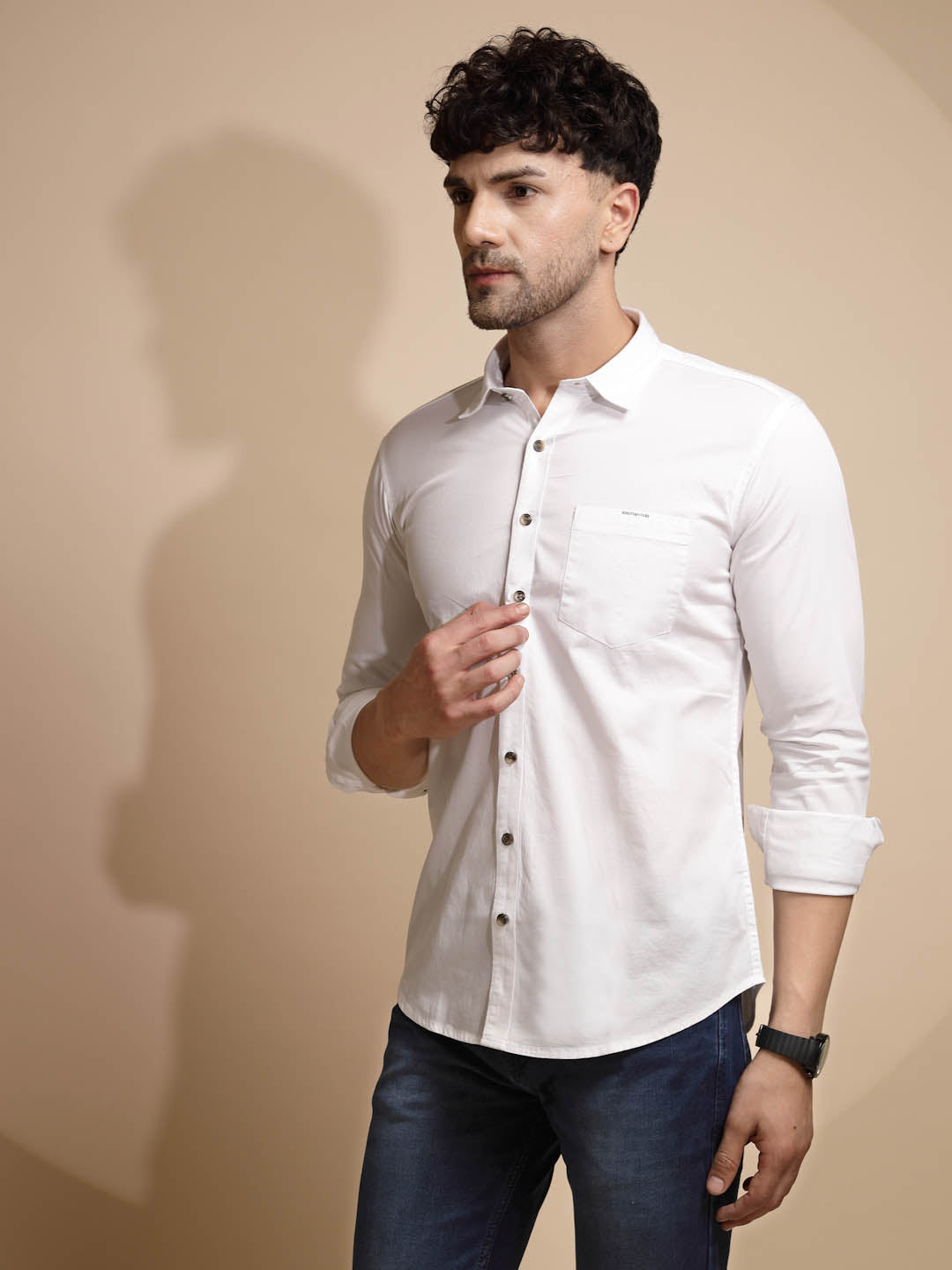 White Solid Cotton Blend Shirt - Global Republic