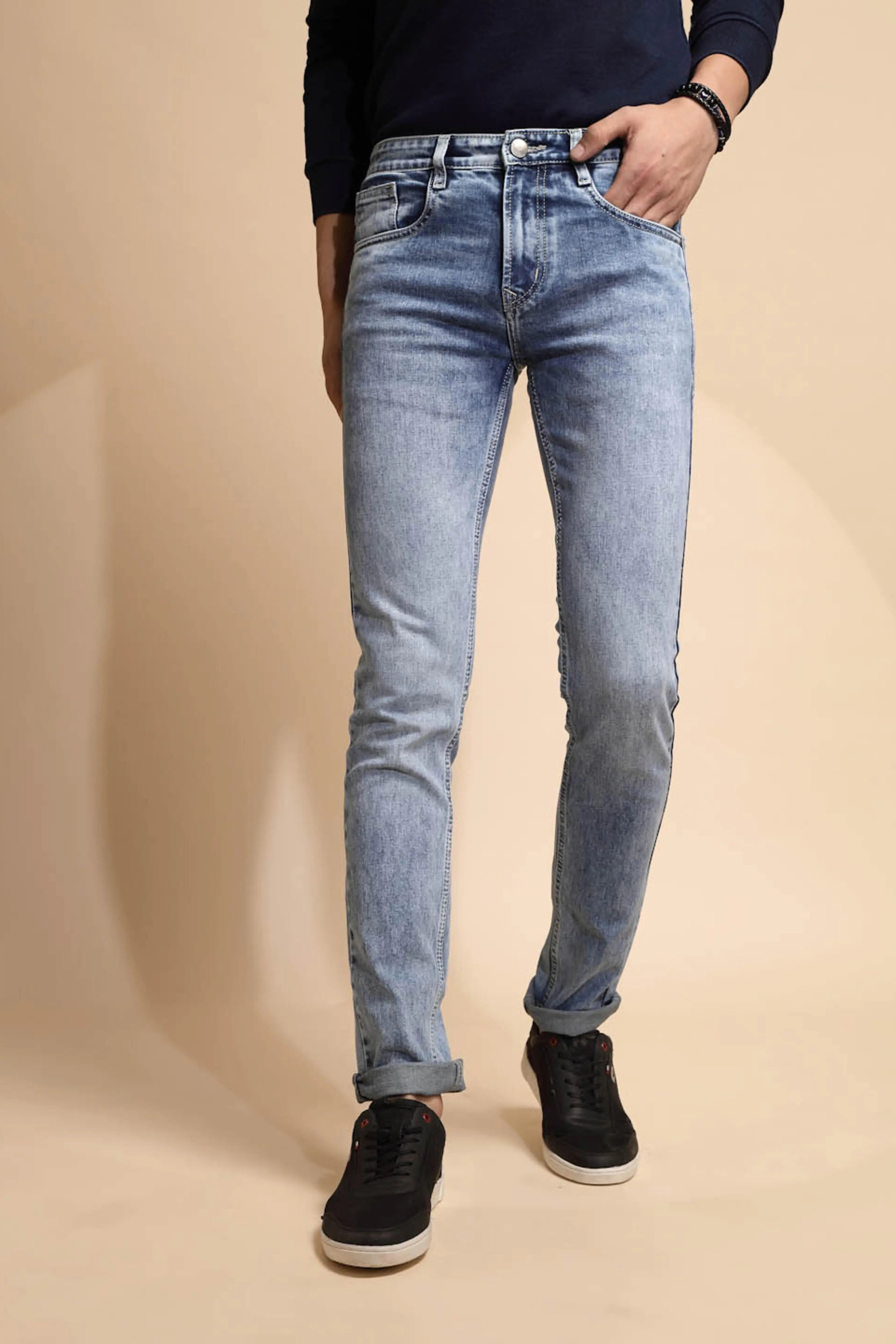 Light Blue Cotton Blend Slim Fit Jeans - Global Republic