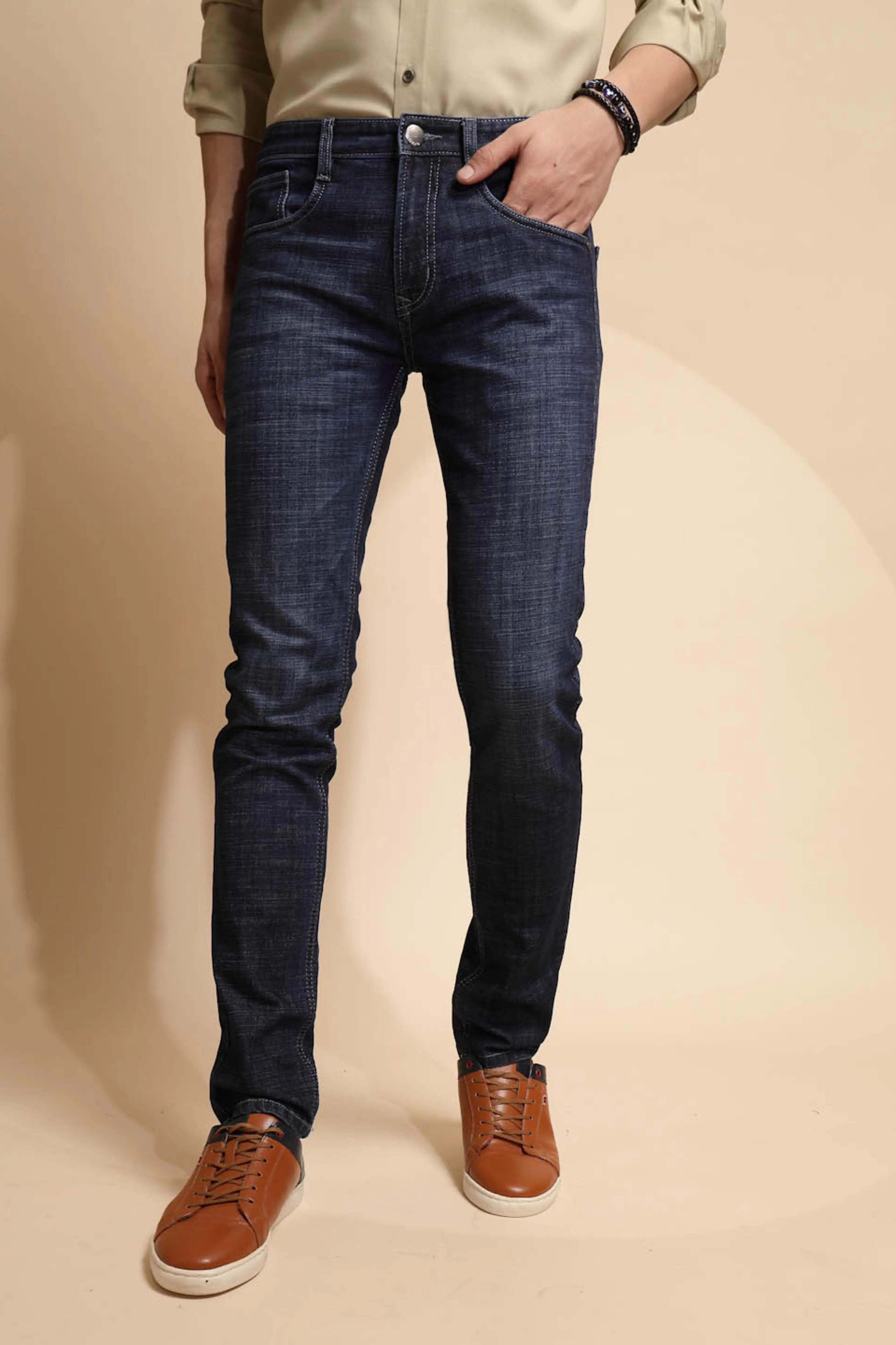 Dark Blue Solid Cotton Blend Jeans - Global Republic