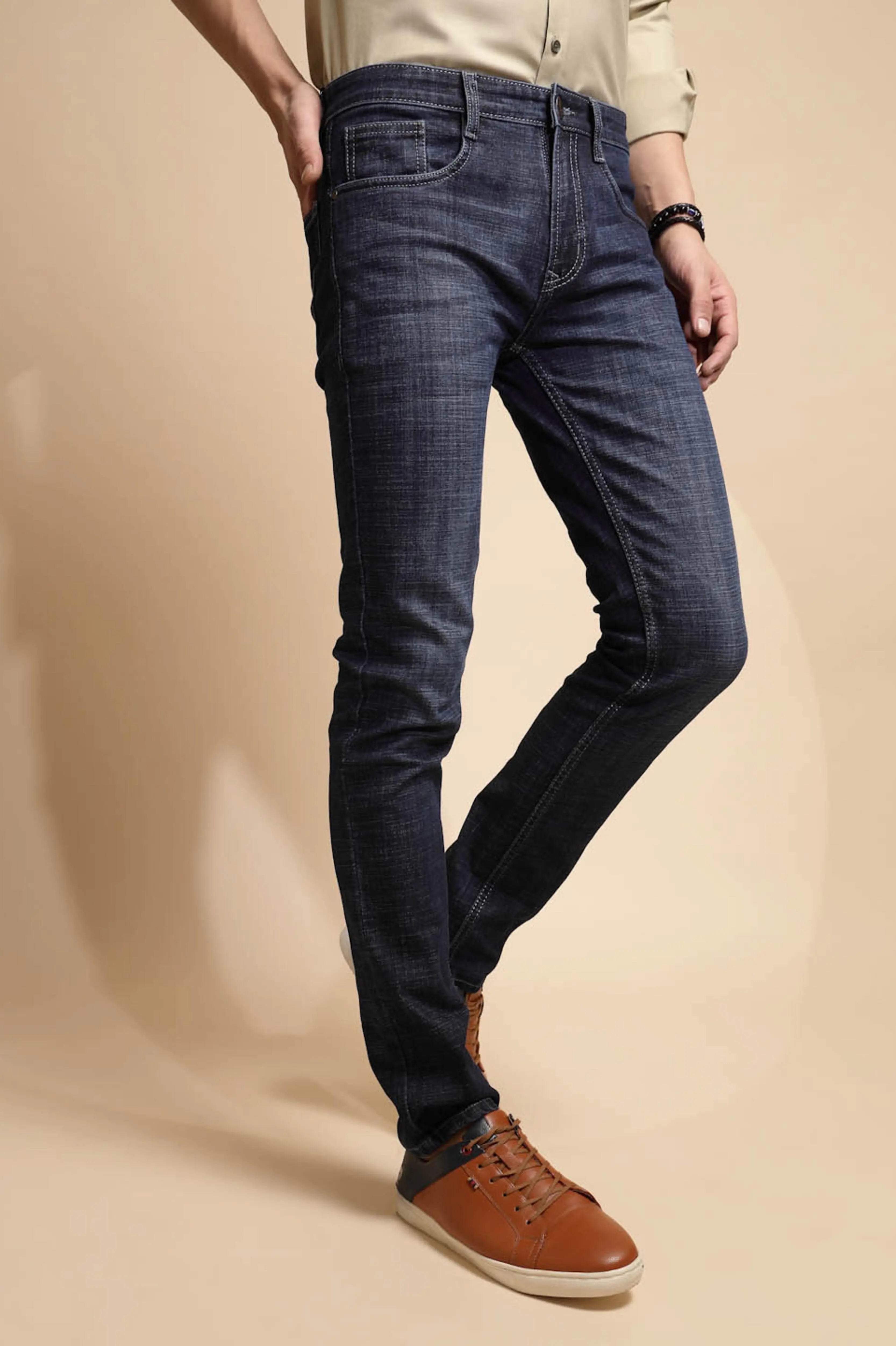 Dark Blue Solid Cotton Blend Jeans - Global Republic