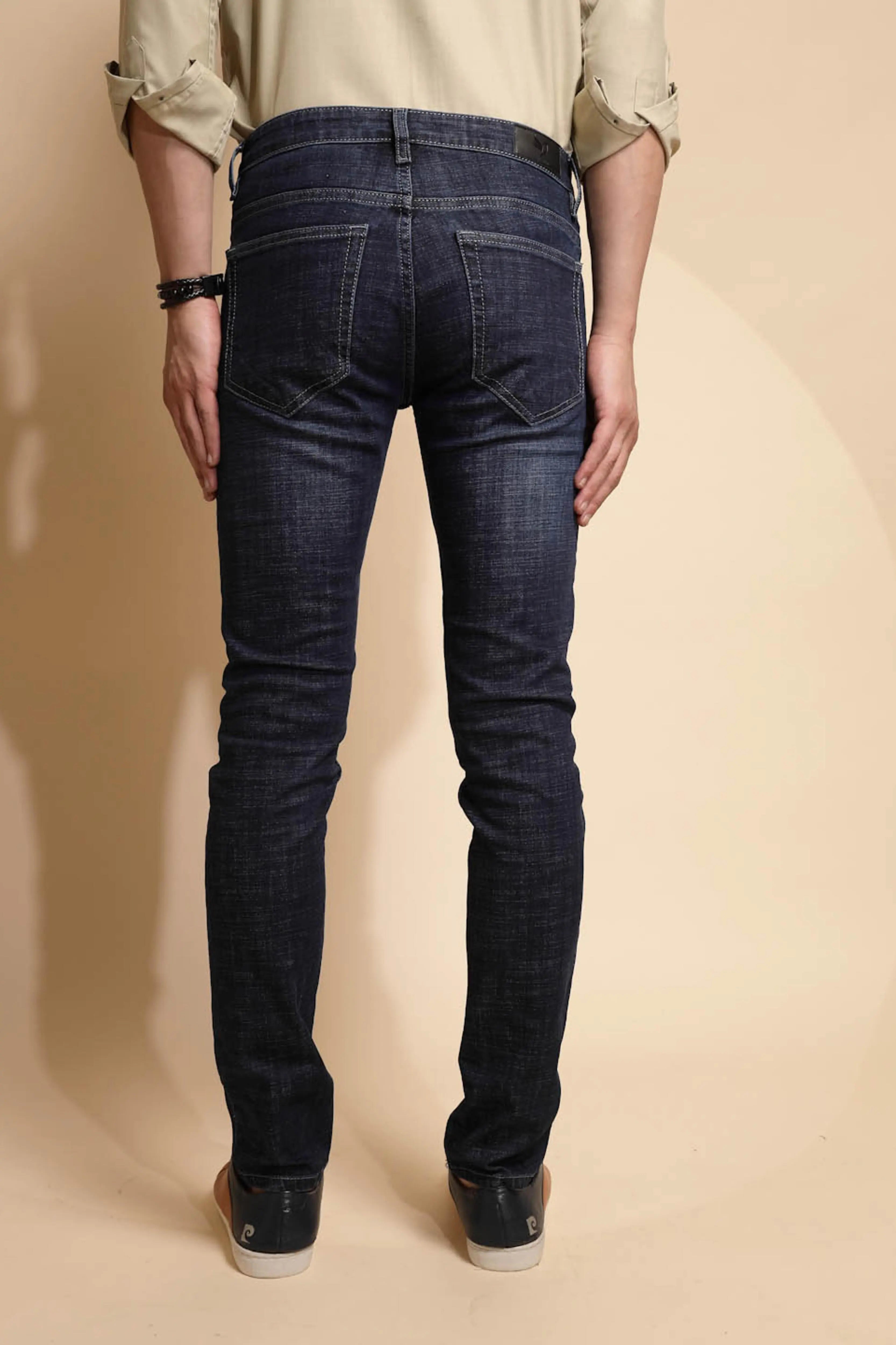 Dark Blue Solid Cotton Blend Jeans - Global Republic