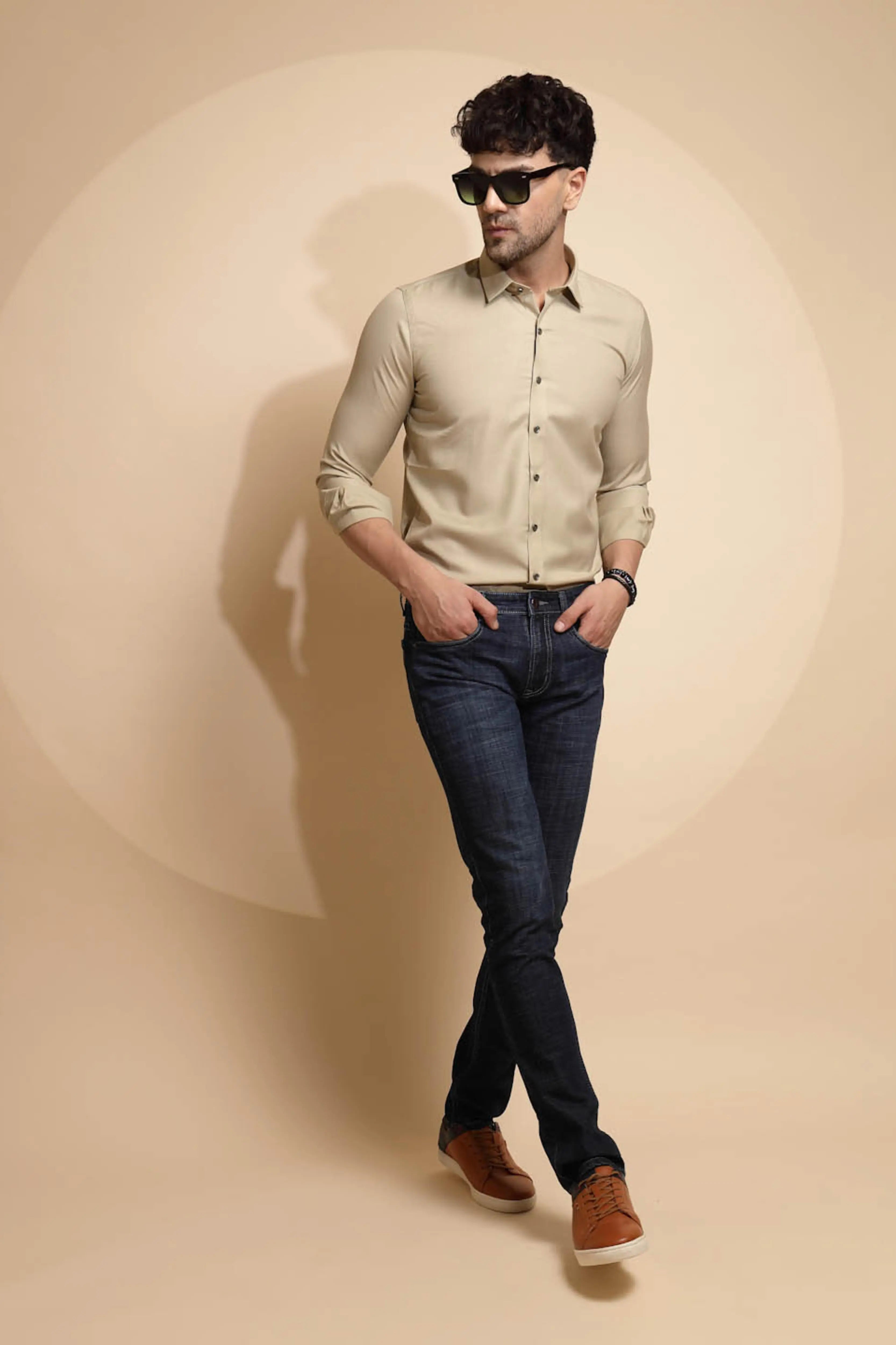 Dark Blue Solid Cotton Blend Jeans - Global Republic