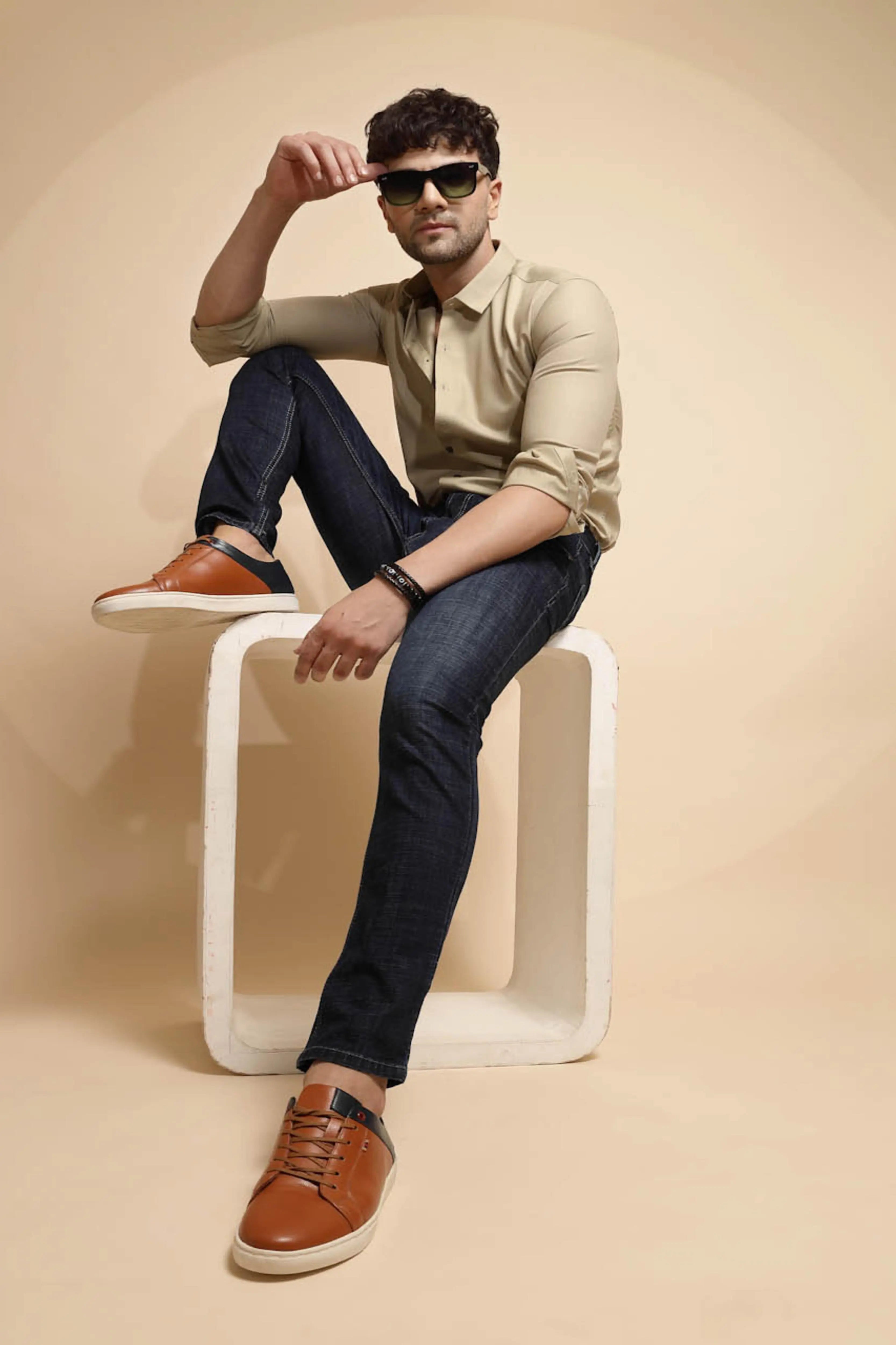 Dark Blue Solid Cotton Blend Jeans - Global Republic