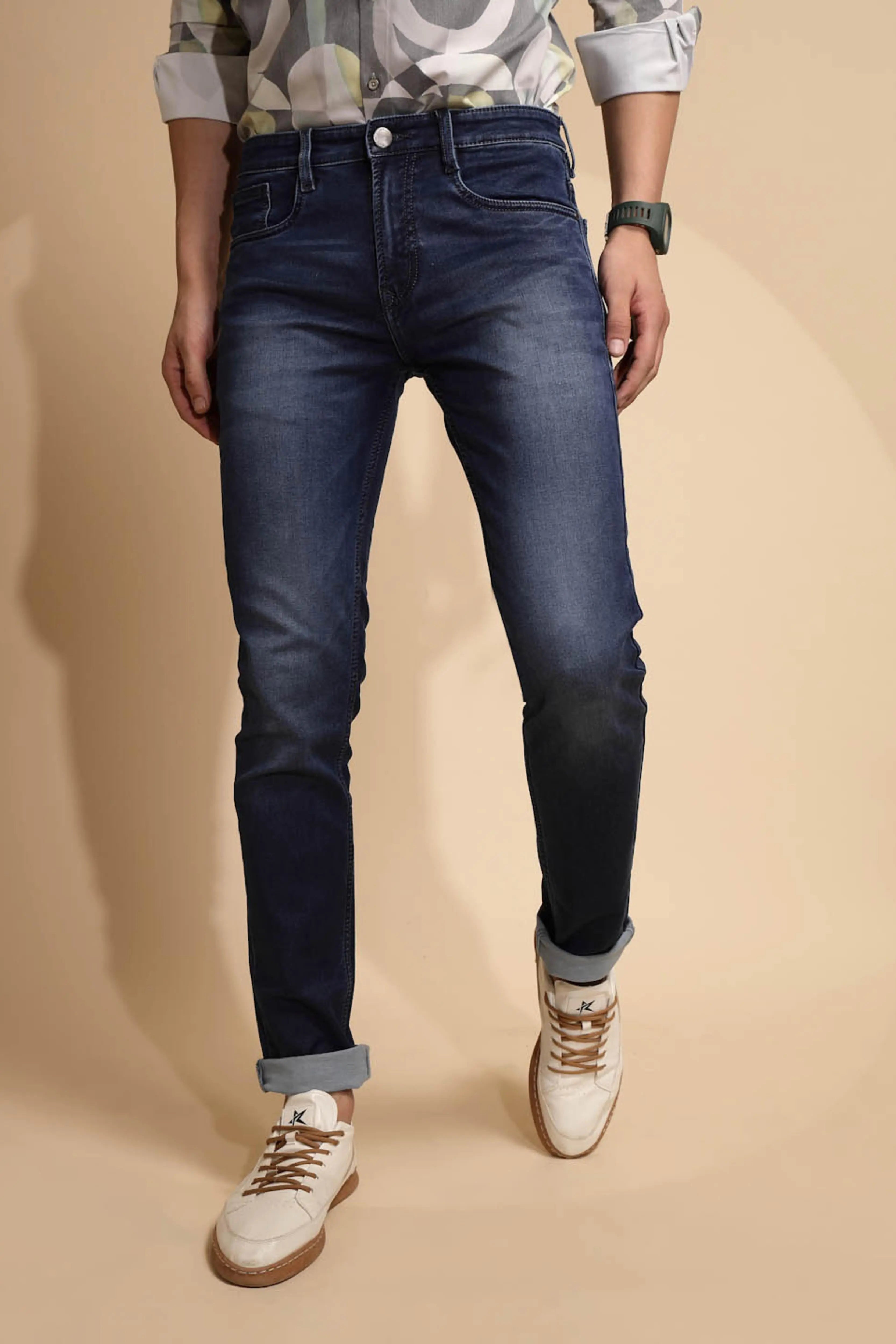 Solid Blue Mid Rise Cotton Blend Folding Jeans - Global Republic