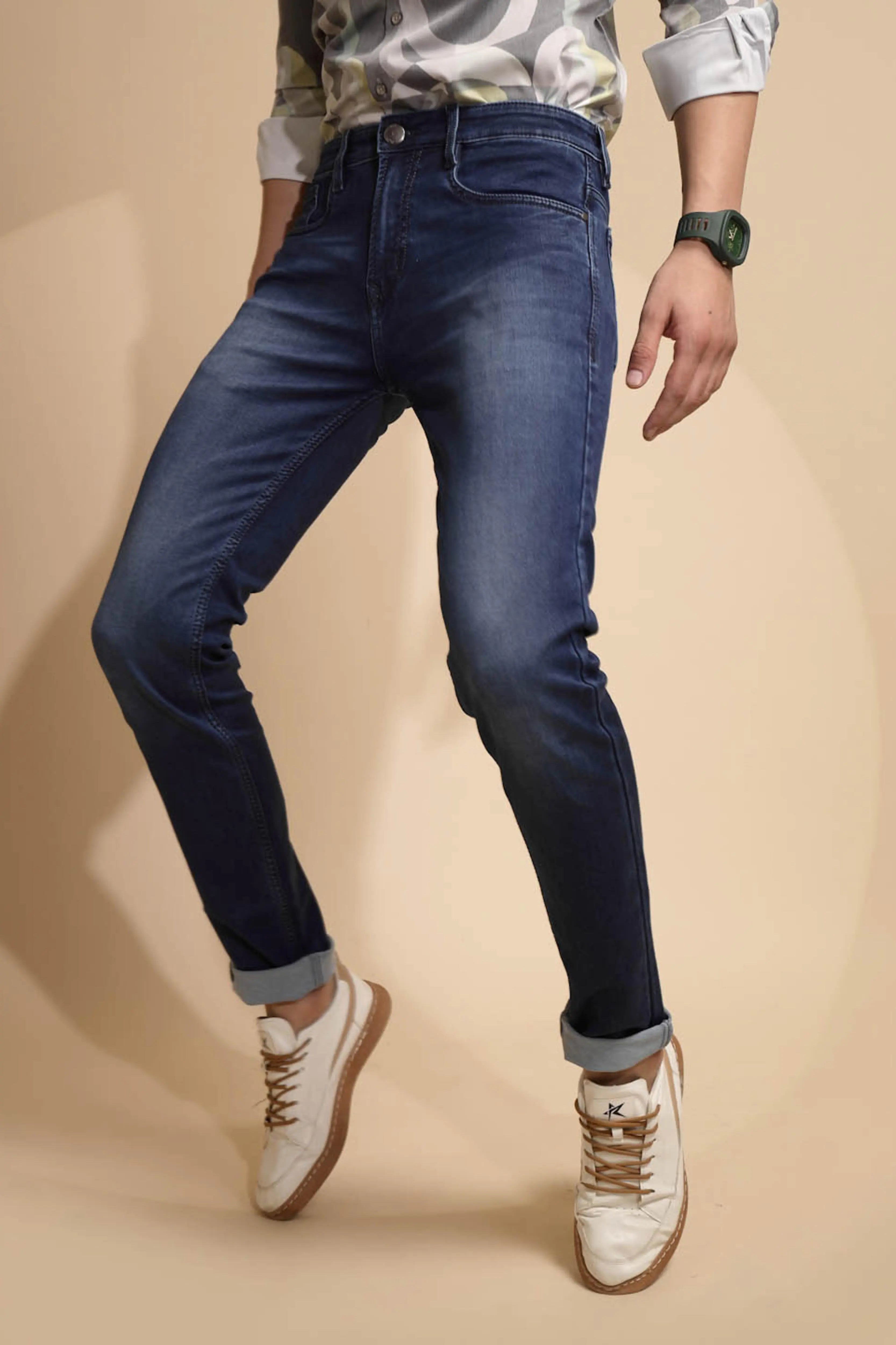 Solid Blue Mid Rise Cotton Blend Folding Jeans - Global Republic