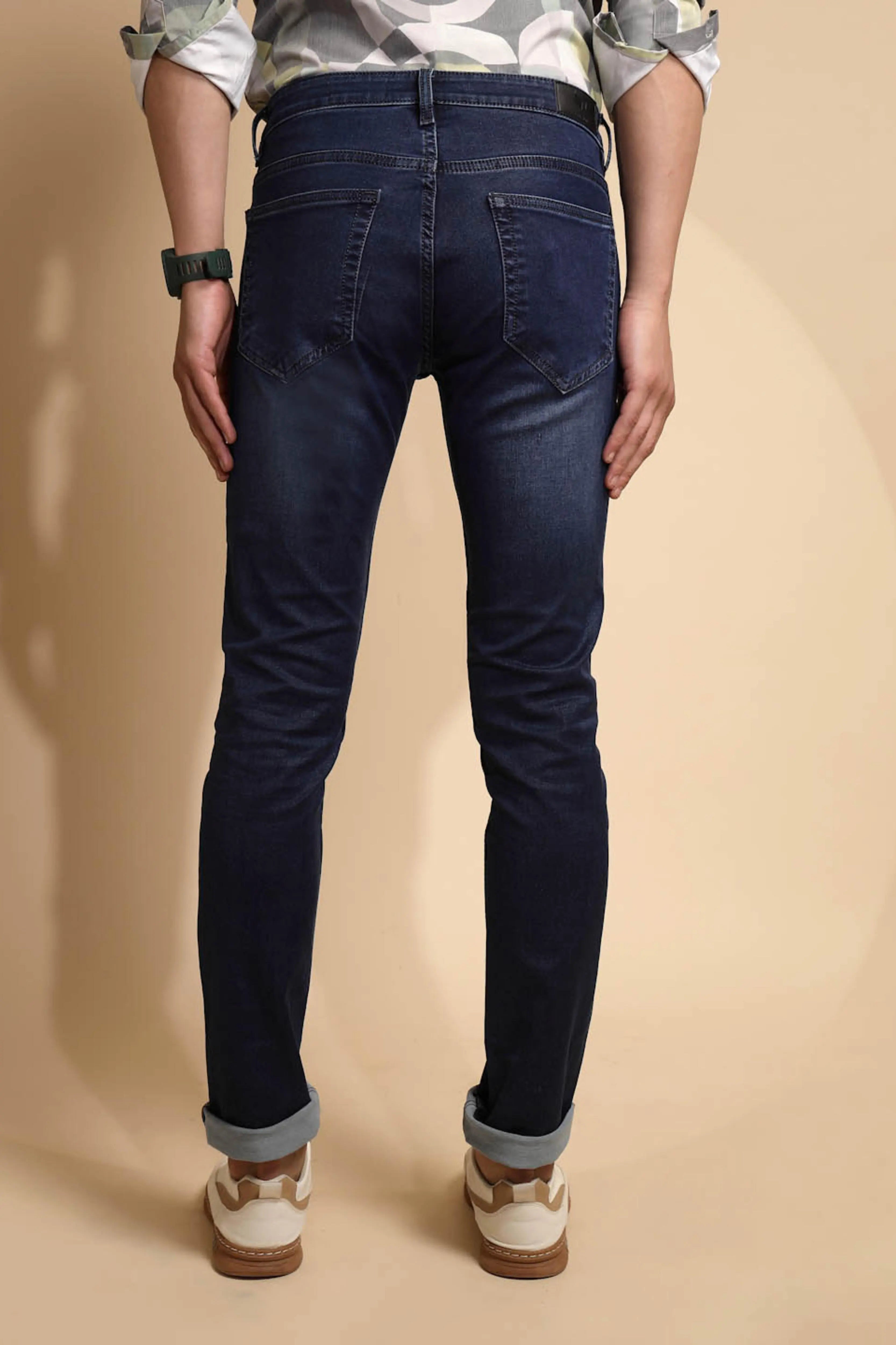 Solid Blue Mid Rise Cotton Blend Folding Jeans - Global Republic
