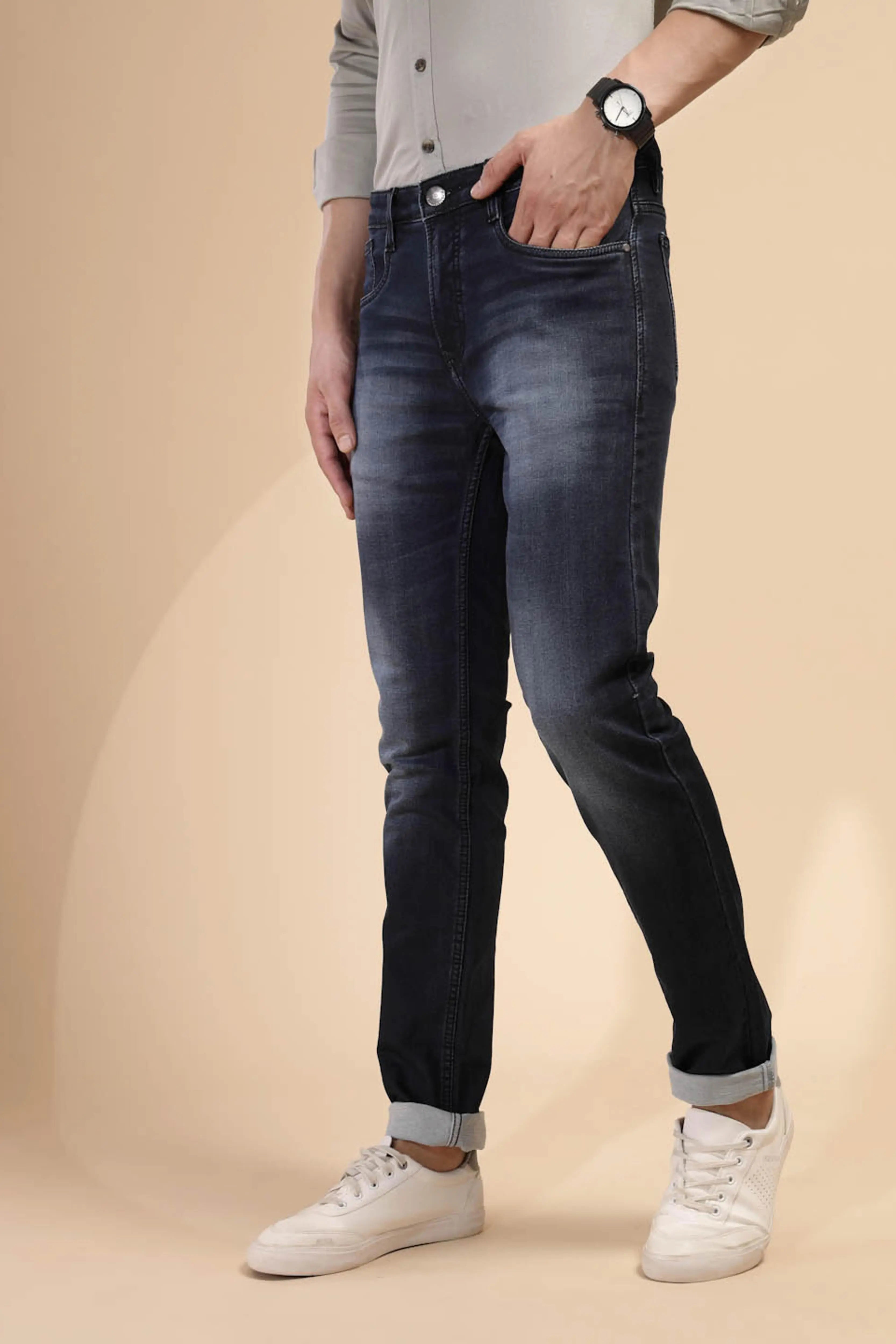 Solid Blue Mid Rise Cotton Blend Slim fit Jeans - Global Republic