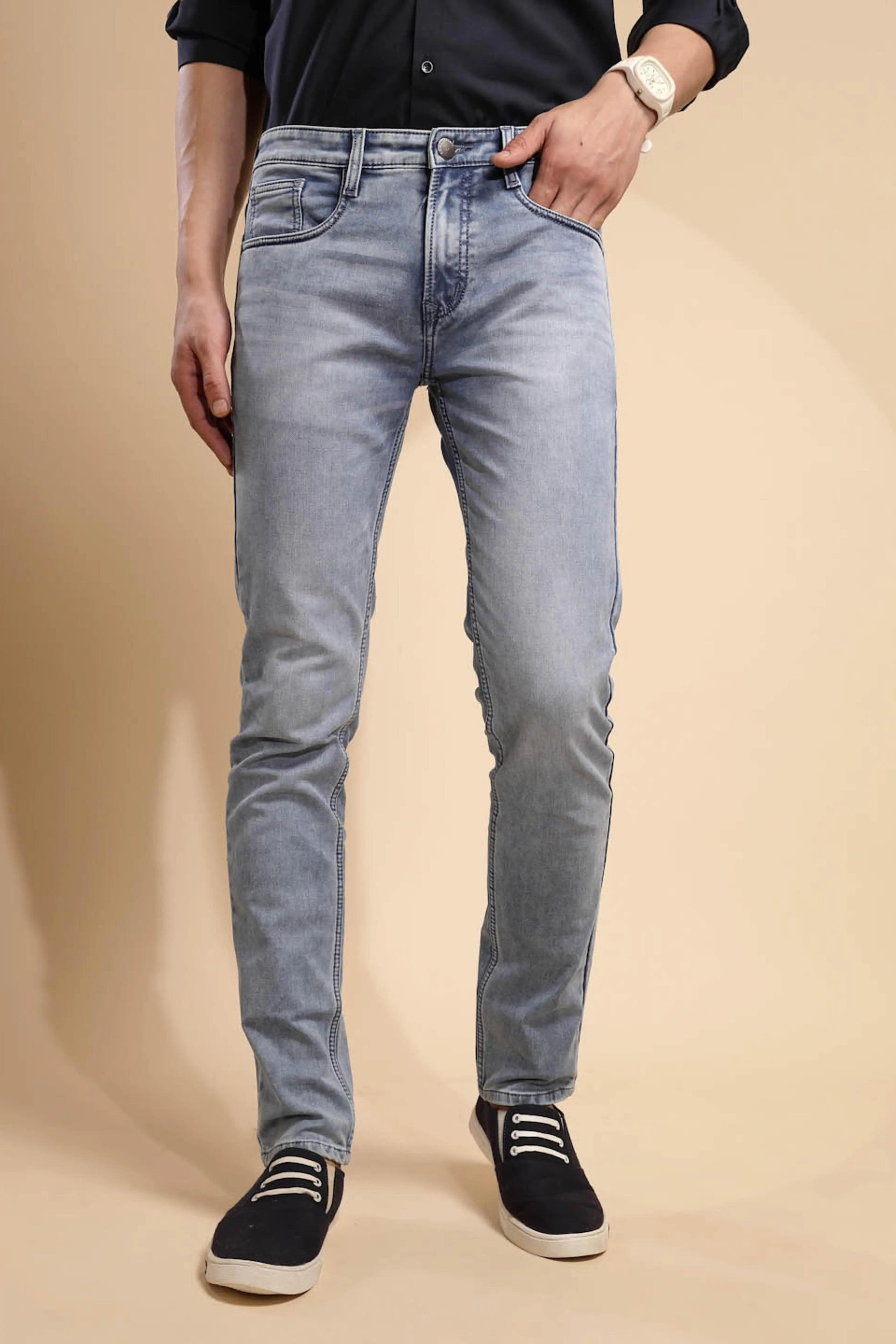 Light Blue Solid Cotton Blend Jeans - Global Republic
