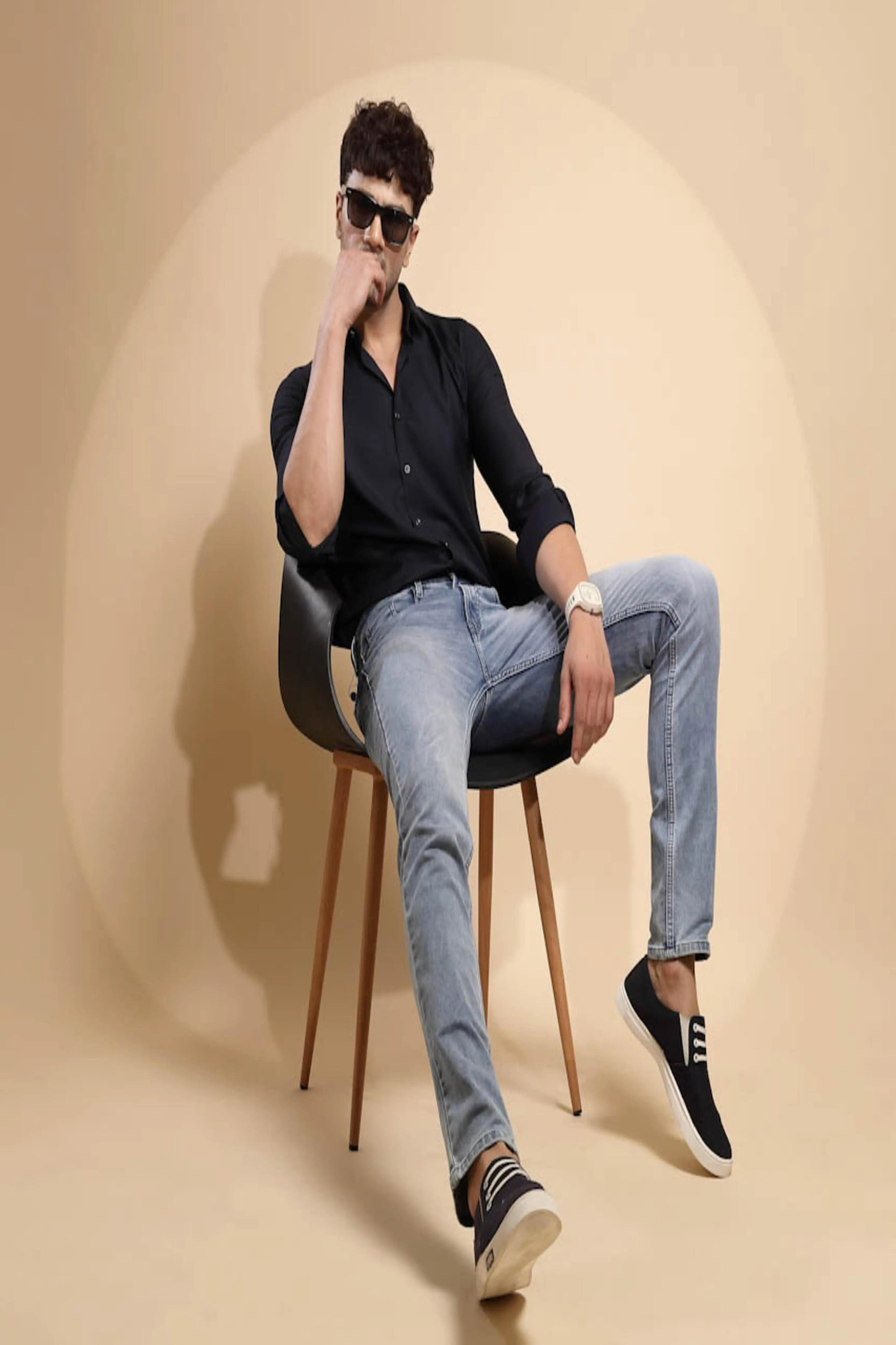 Light Blue Solid Cotton Blend Jeans - Global Republic