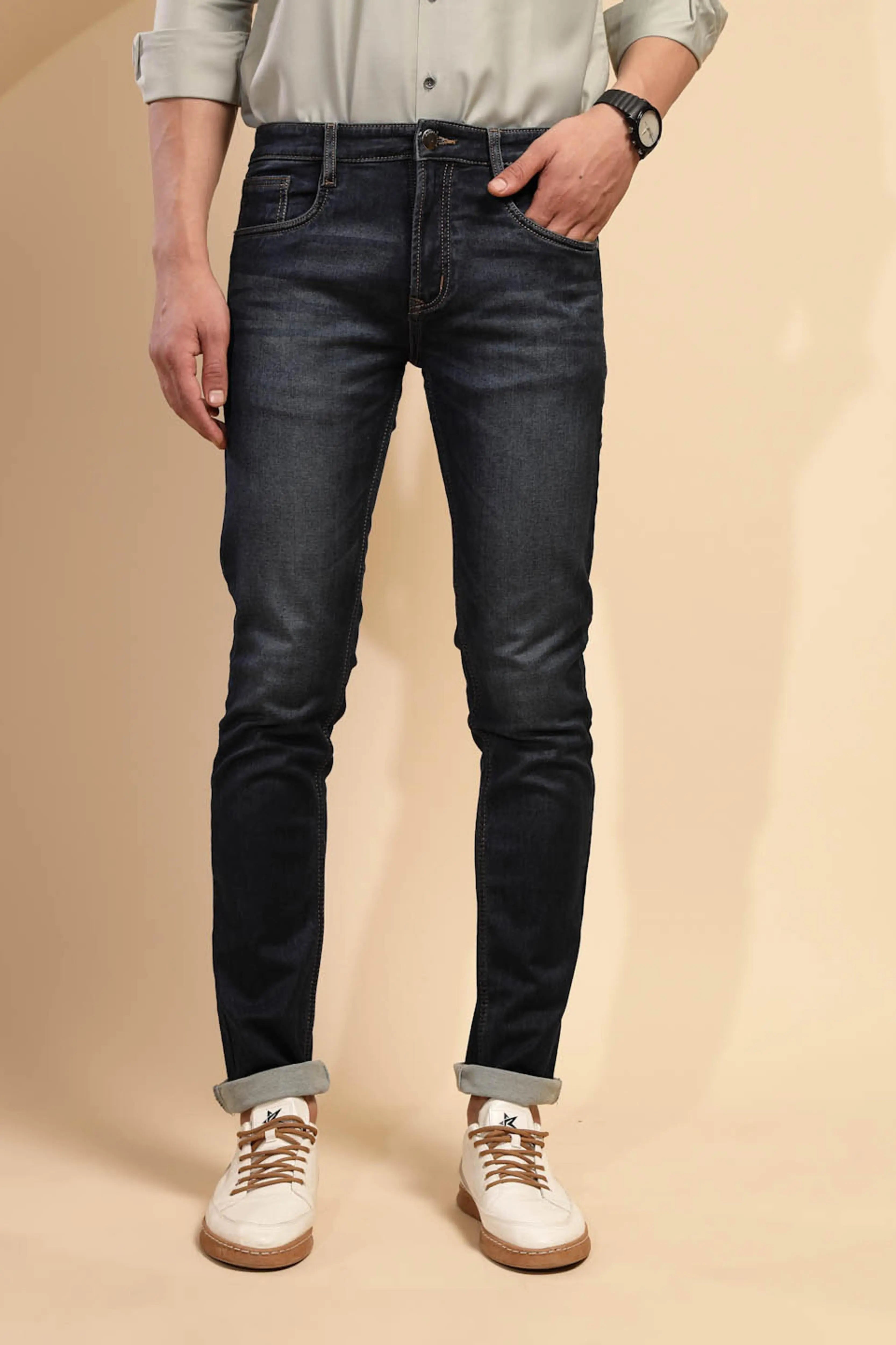 Tint Blue Solid Mid Rise Denim Cuffing Jeans - Global Republic