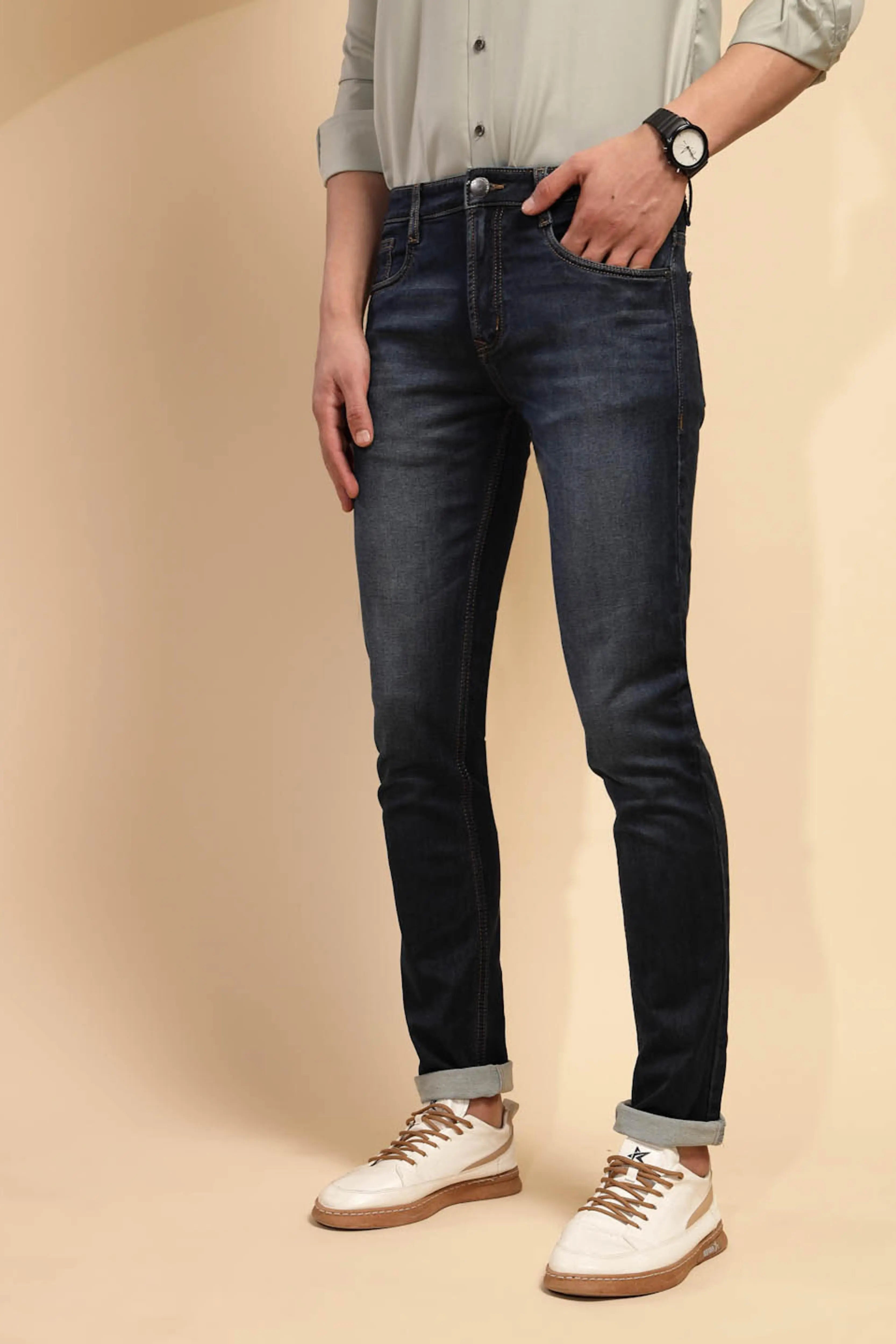 Tint Blue Solid Mid Rise Denim Cuffing Jeans - Global Republic