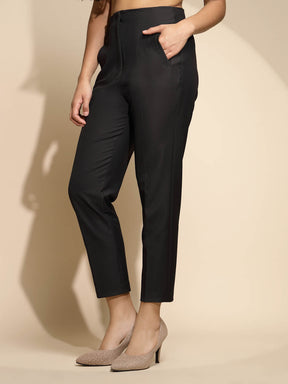 Black Solid High Rise Cotton Straight fit Trouser