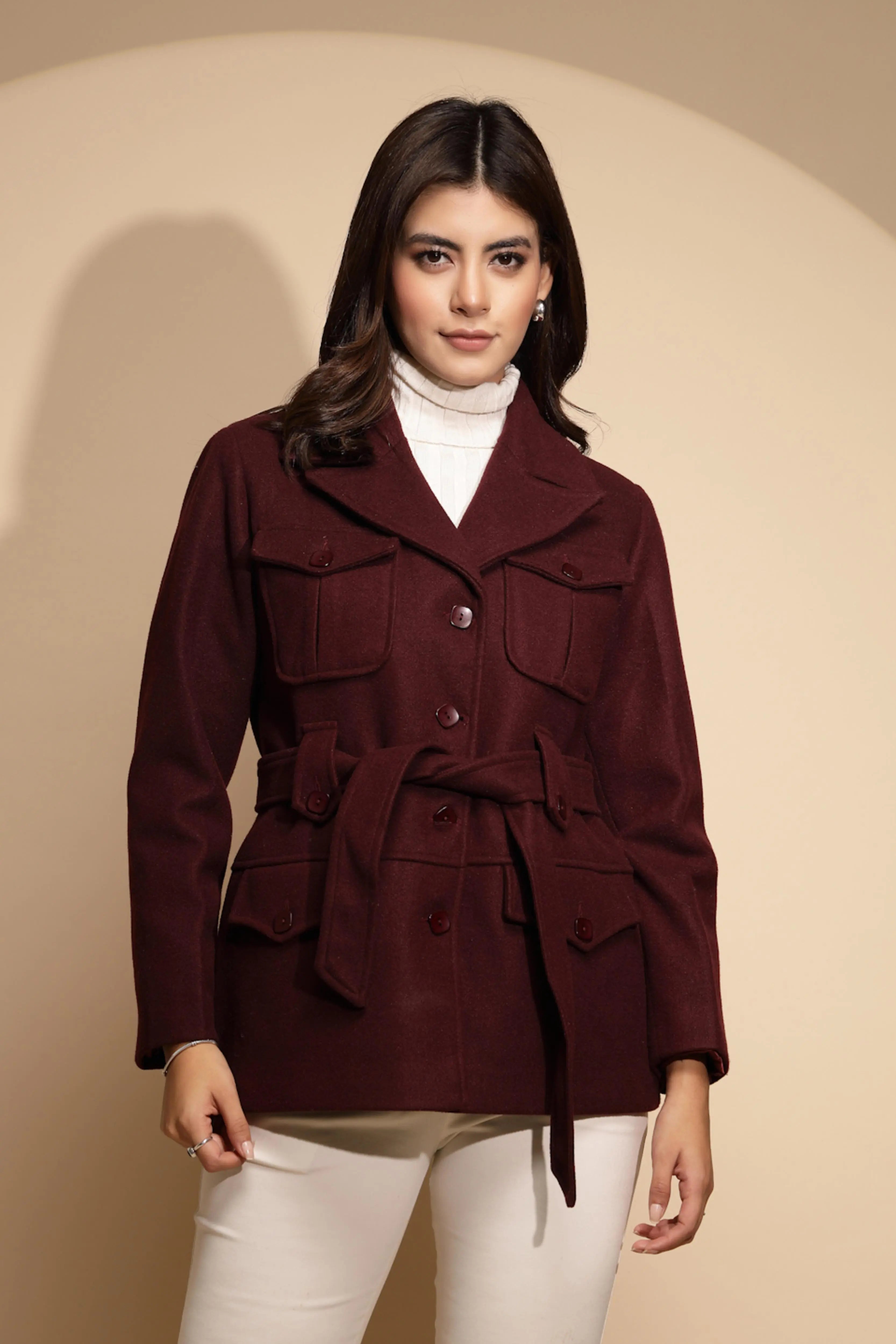 Wine Solid Knitted Wrap Coat - Global Republic