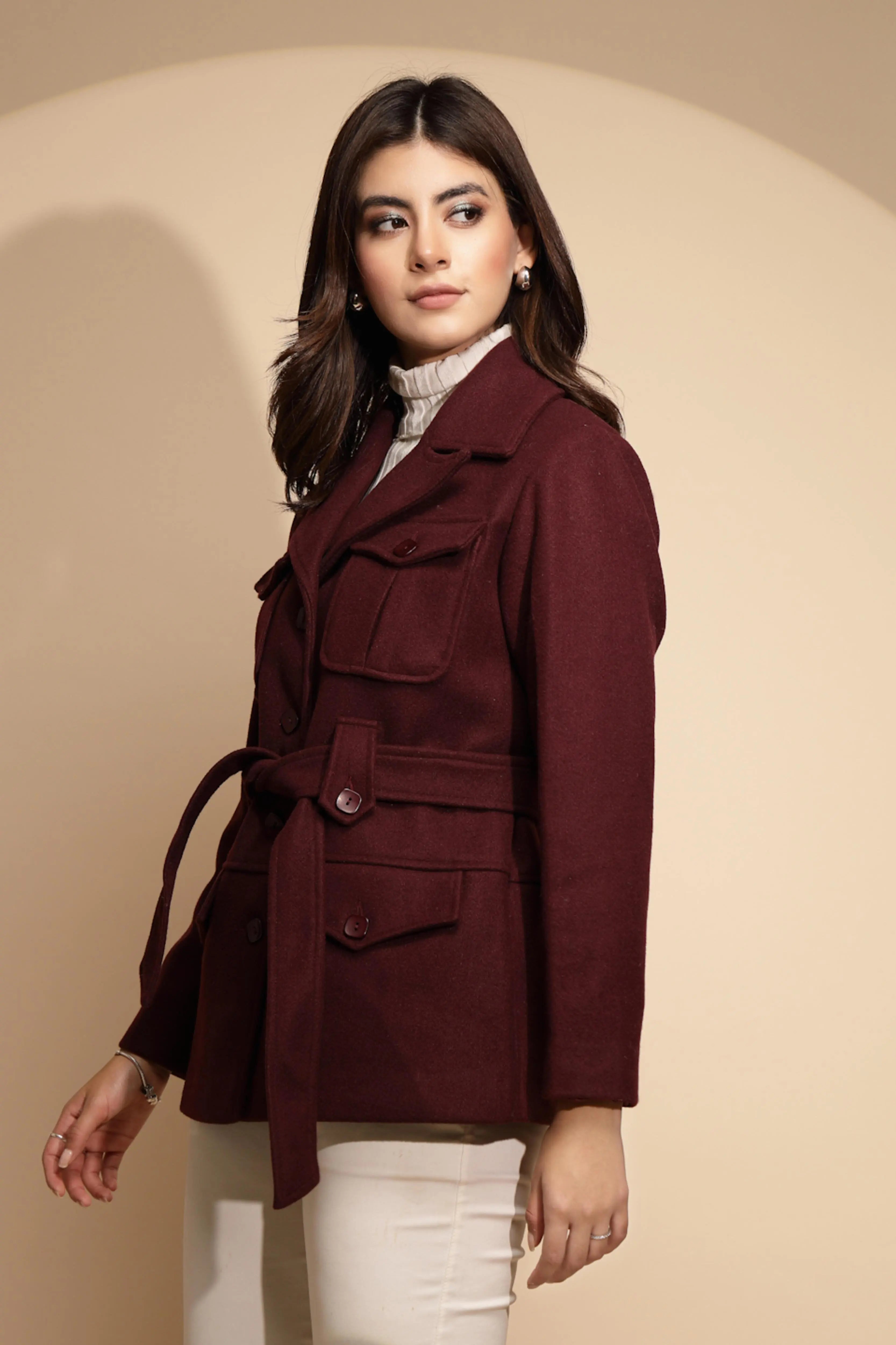Wine Solid Knitted Wrap Coat - Global Republic