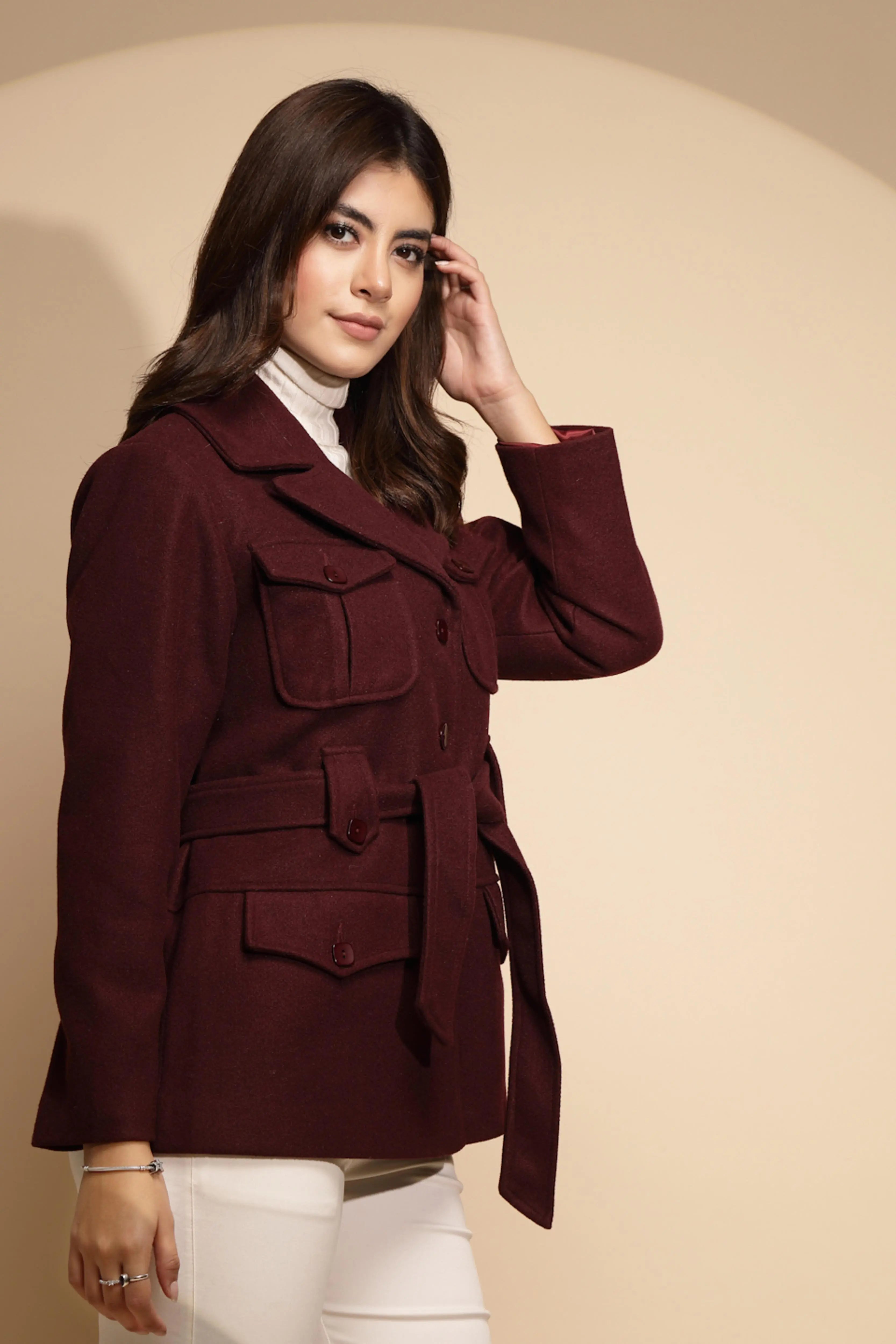 Wine Solid Knitted Wrap Coat - Global Republic