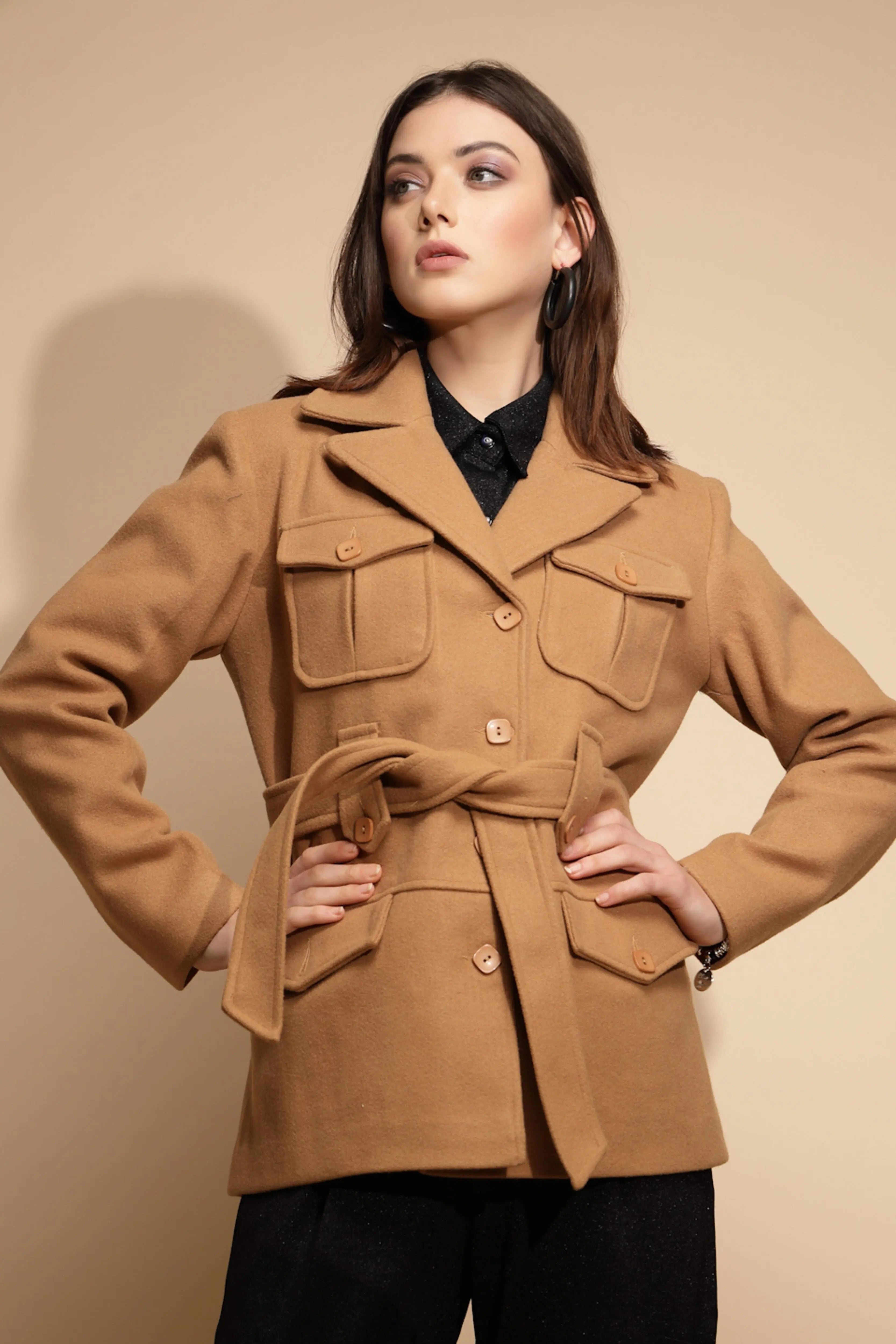 Brown Solid Knitted Wrap Coat - Global Republic