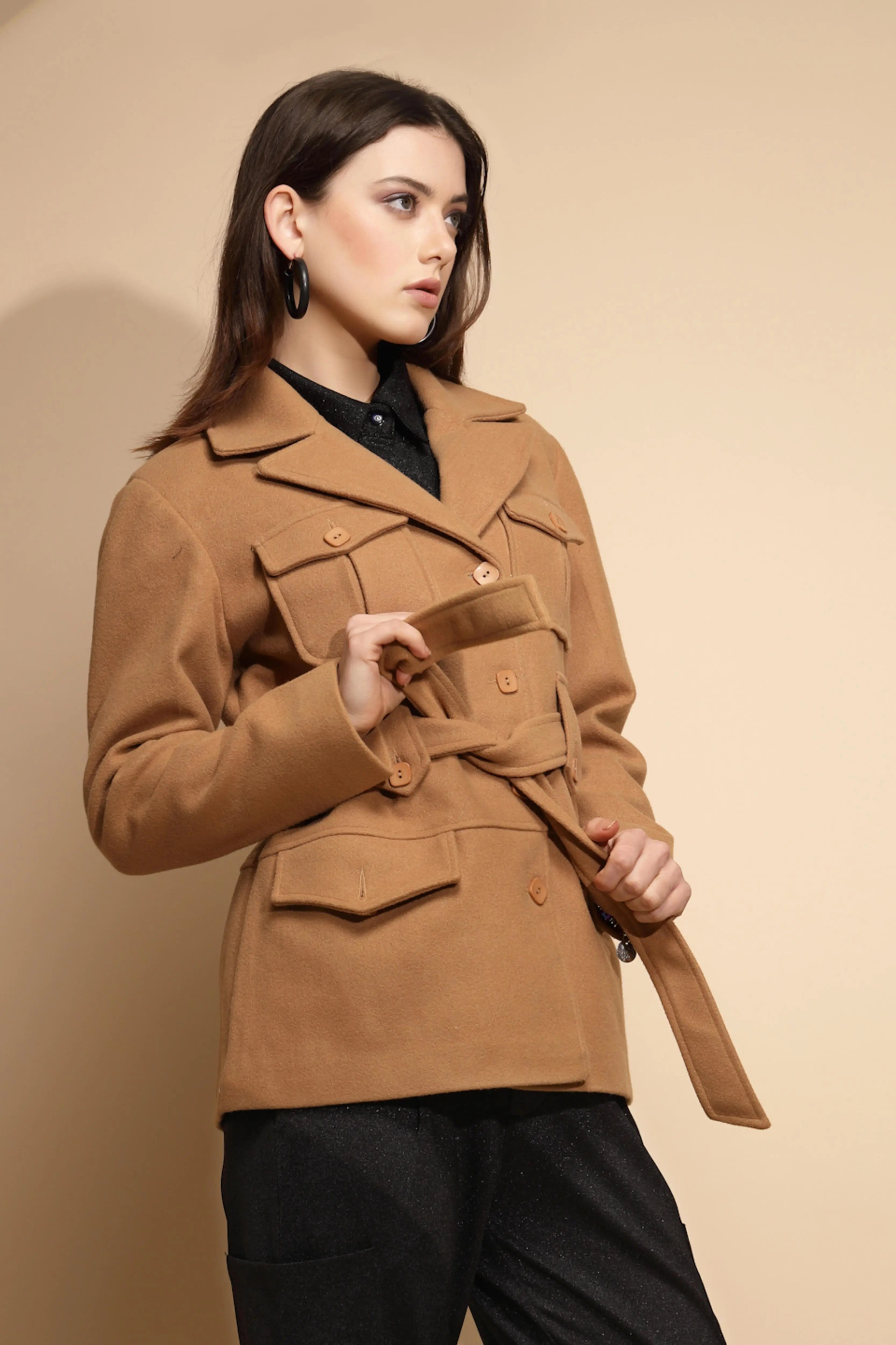 Brown Solid Knitted Wrap Coat - Global Republic