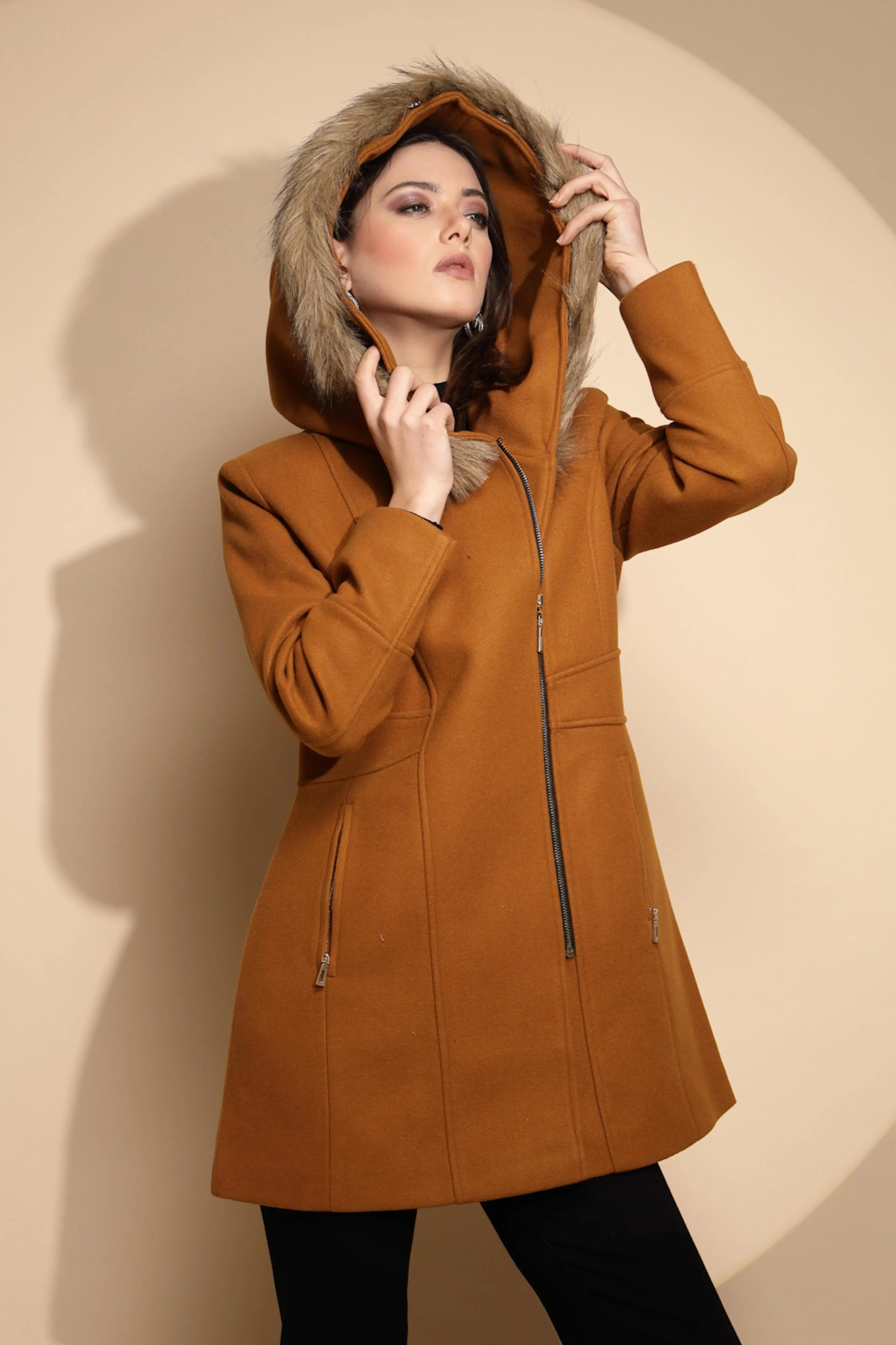 Women Mustard Solid Full Sleeve Knitted Fur Hooded Neck Coat - Global Republic