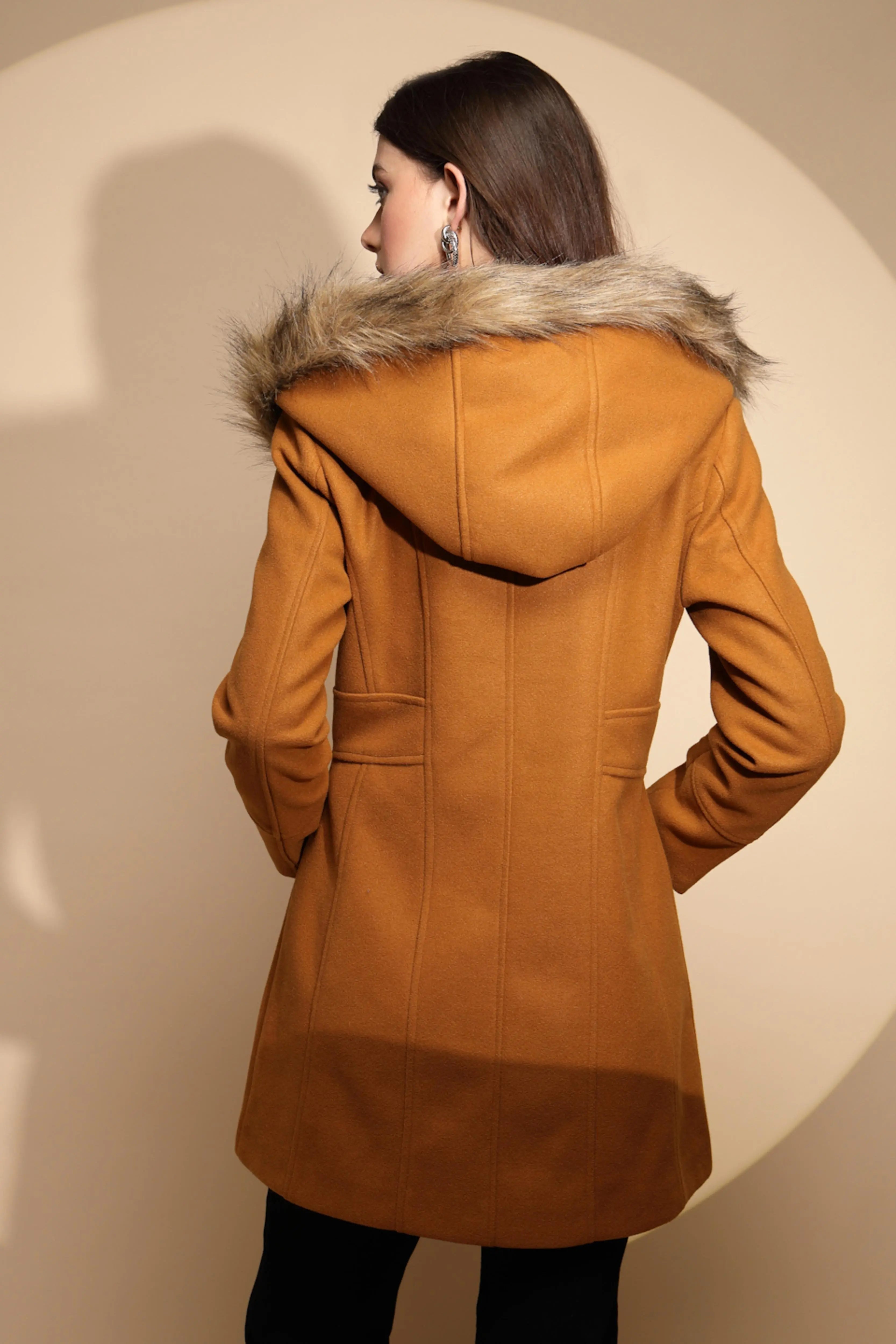 Women Mustard Solid Full Sleeve Knitted Fur Hooded Neck Coat - Global Republic