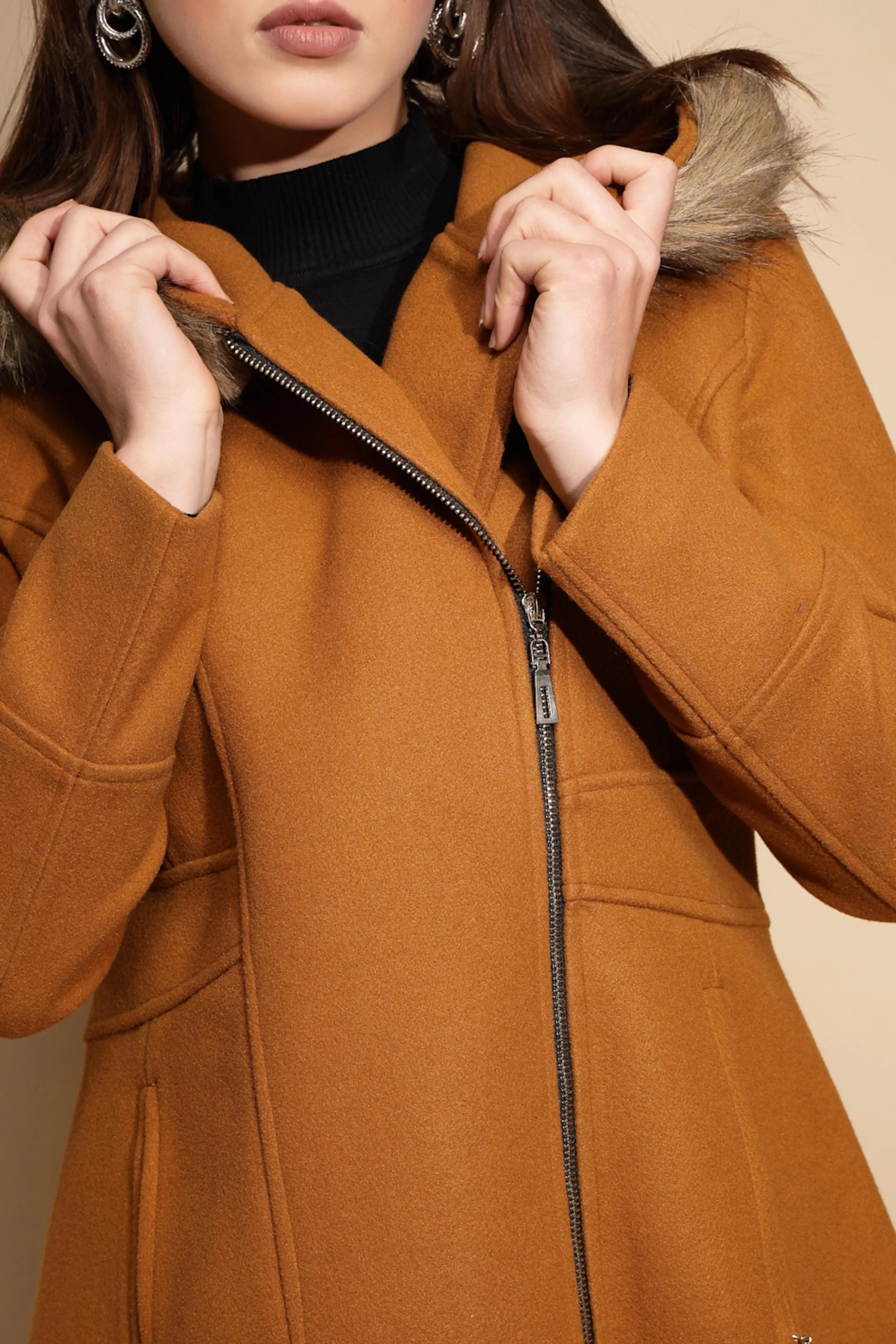 Mustard Solid Full Sleeve Knitted Fur Hooded Neck Coat - Global Republic