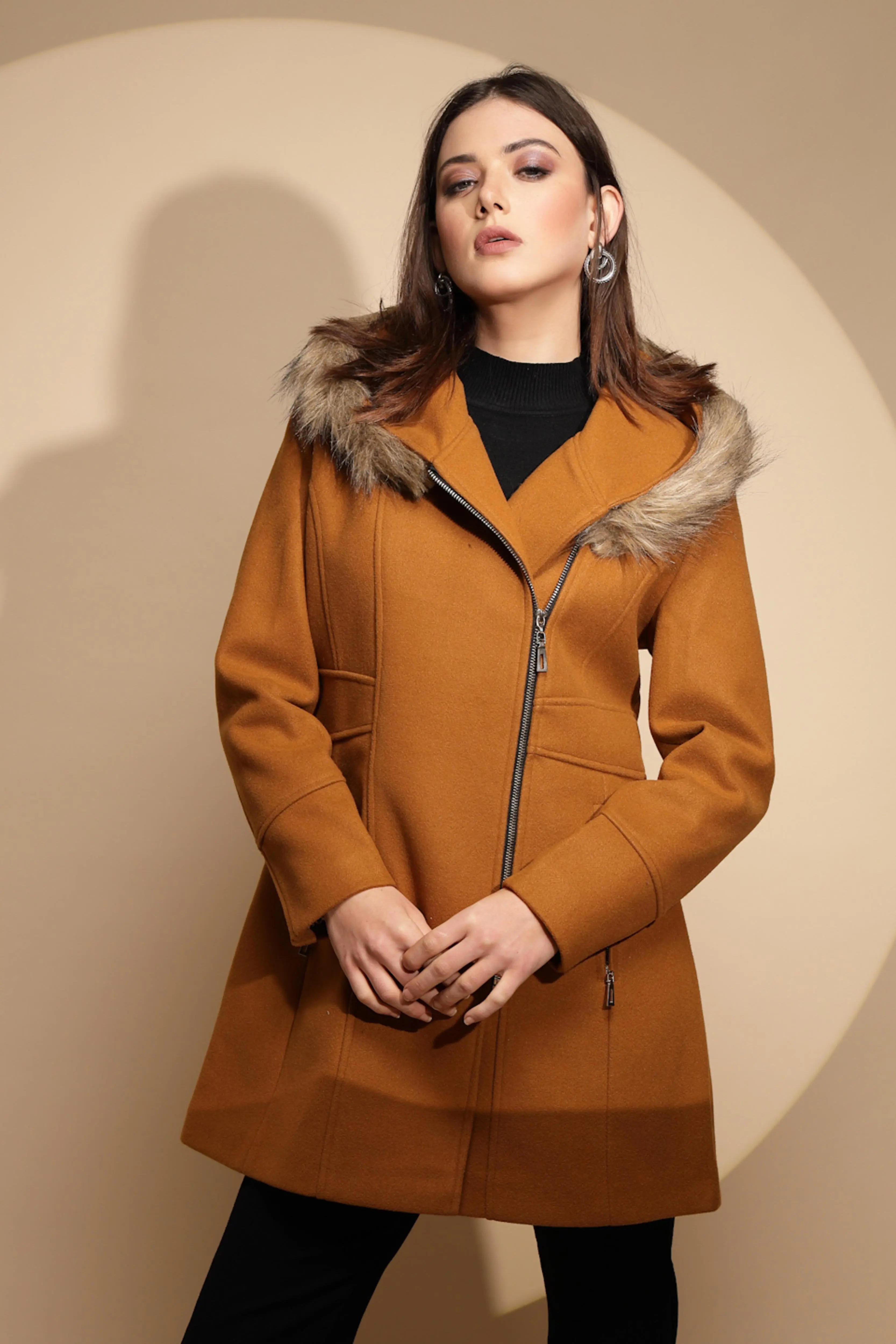 Mustard Solid Full Sleeve Knitted Fur Hooded Neck Coat - Global Republic