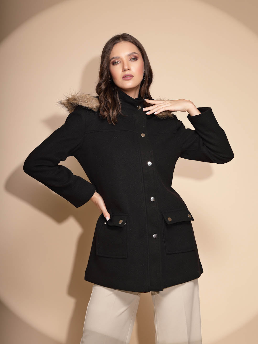 Black Solid Hooded Coat – Global Republic - Main Image