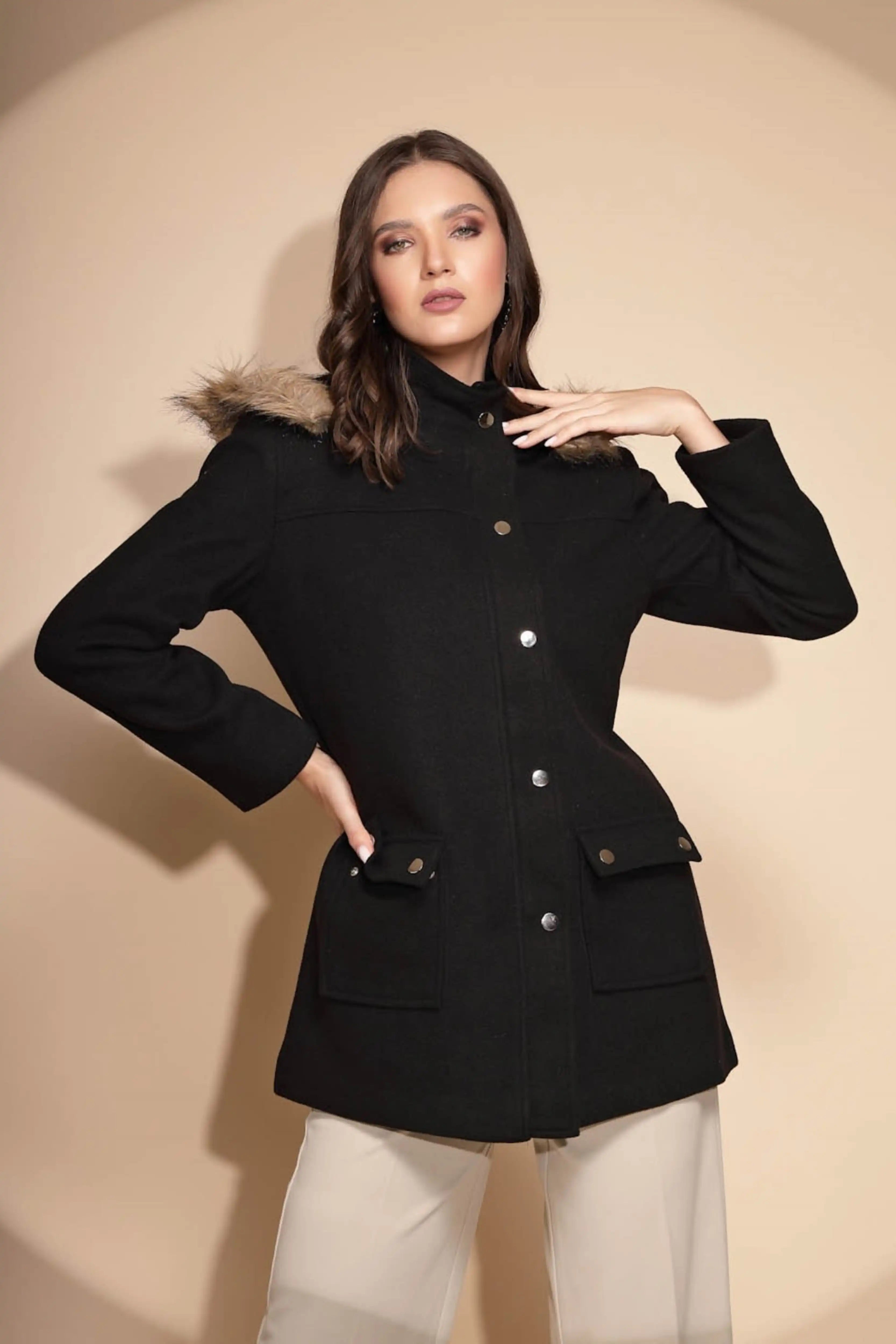 Black Solid Hooded Coat