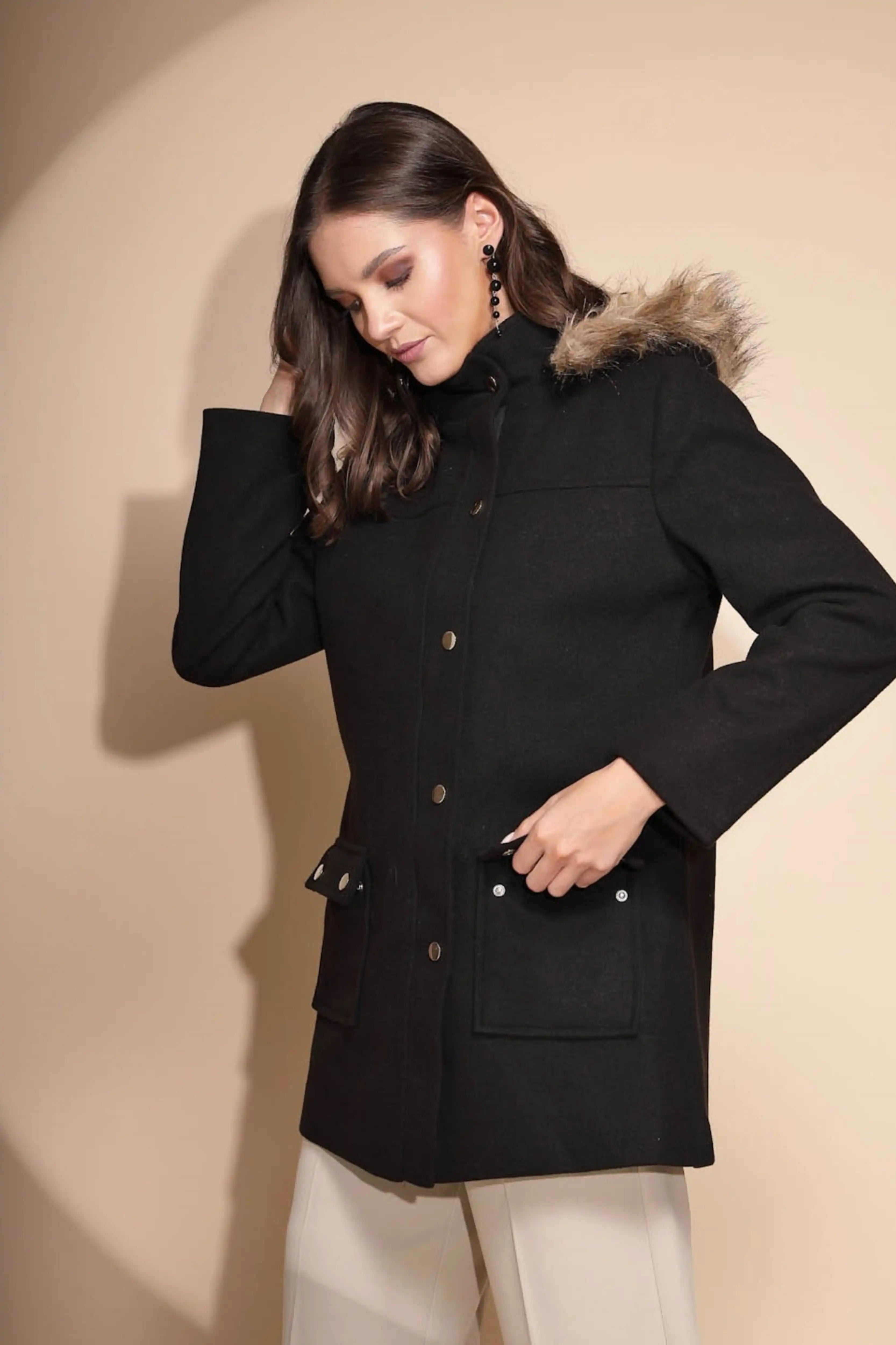 Black Solid Hooded Coat