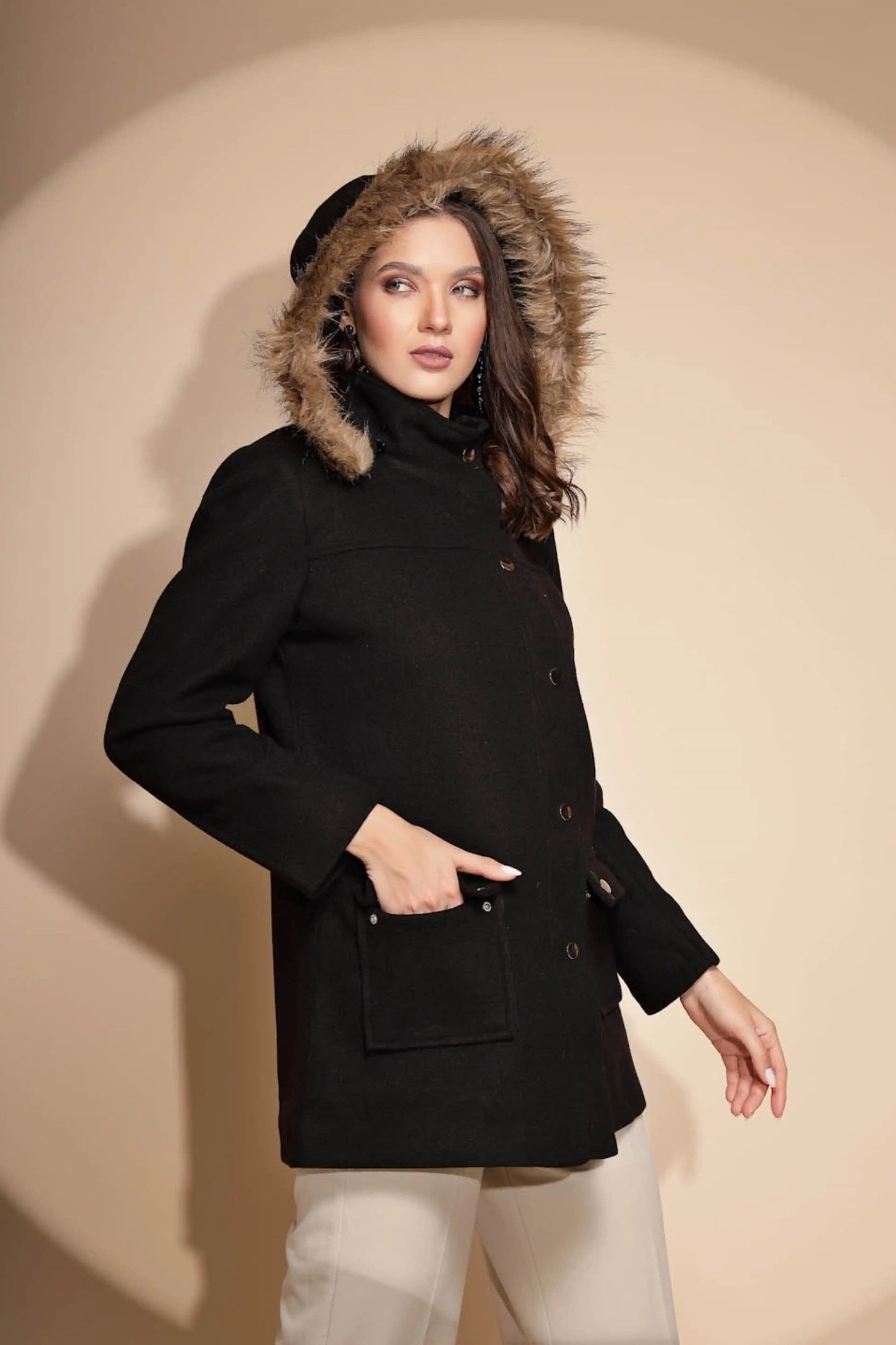 Black Solid Hooded Coat