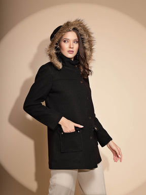 Women's Solid Hooded Black Coat