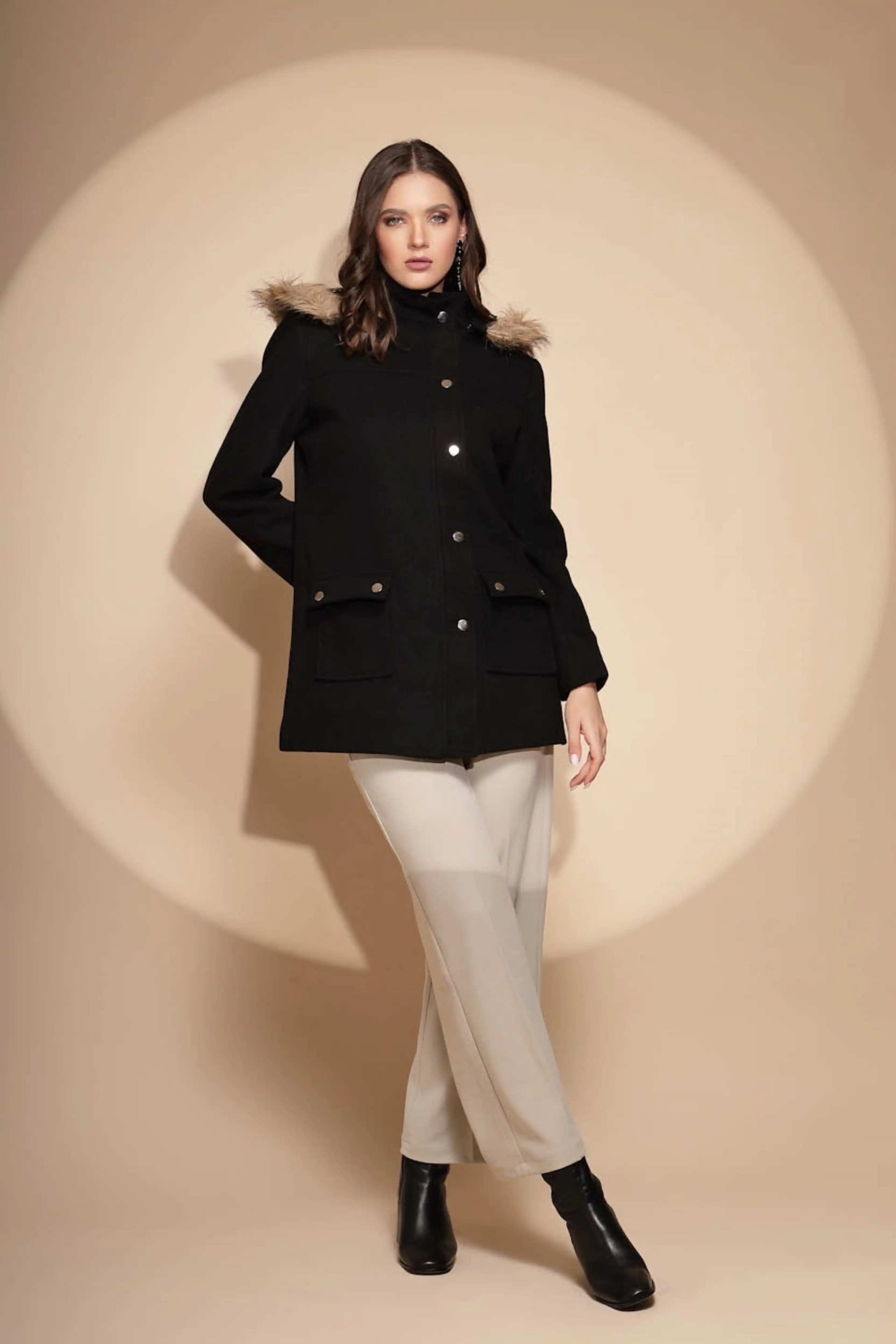 Black Solid Hooded Coat