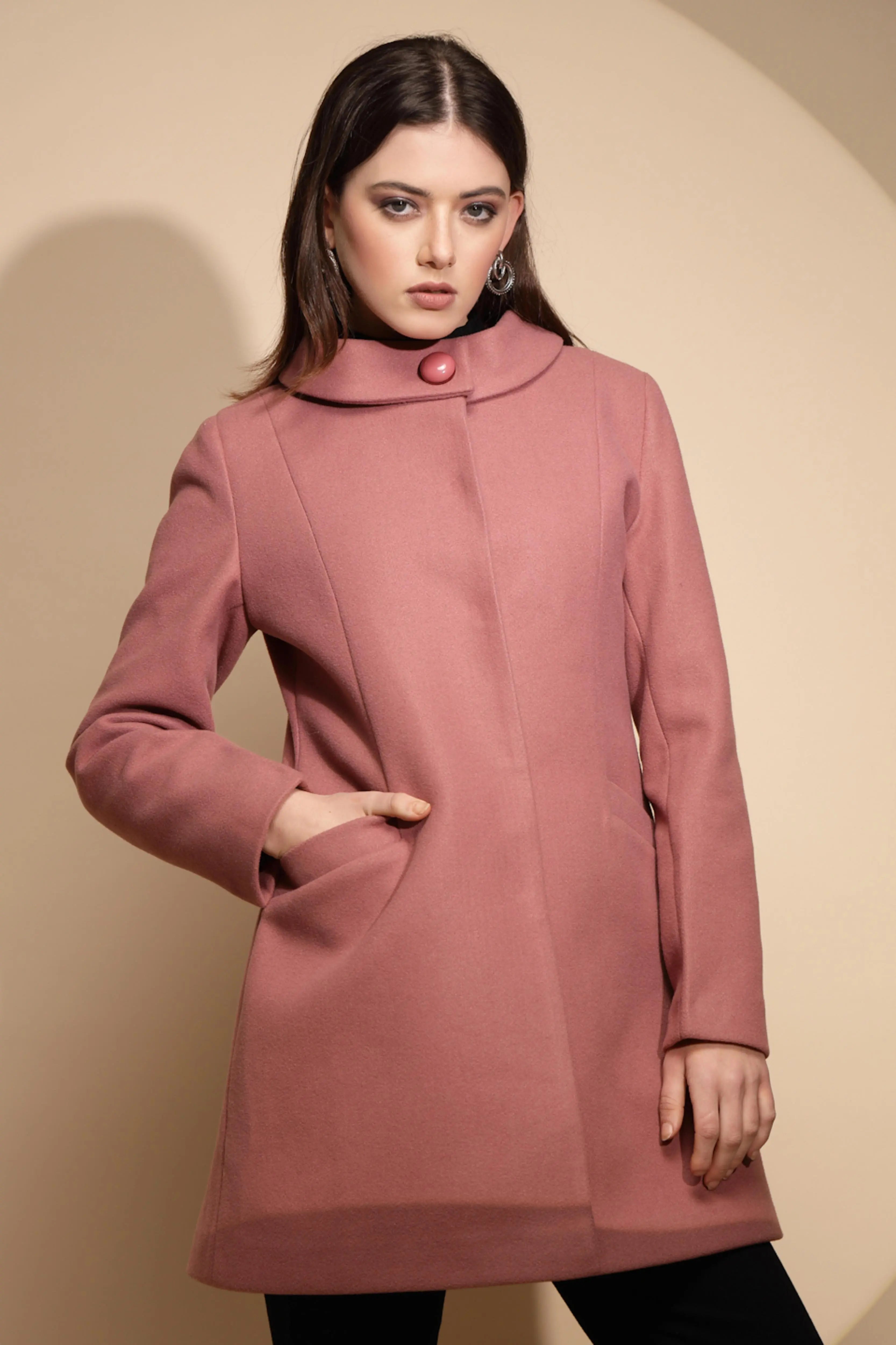 Women Pink Solid High Neck Full Sleeve Loose fit Coat - Global Republic