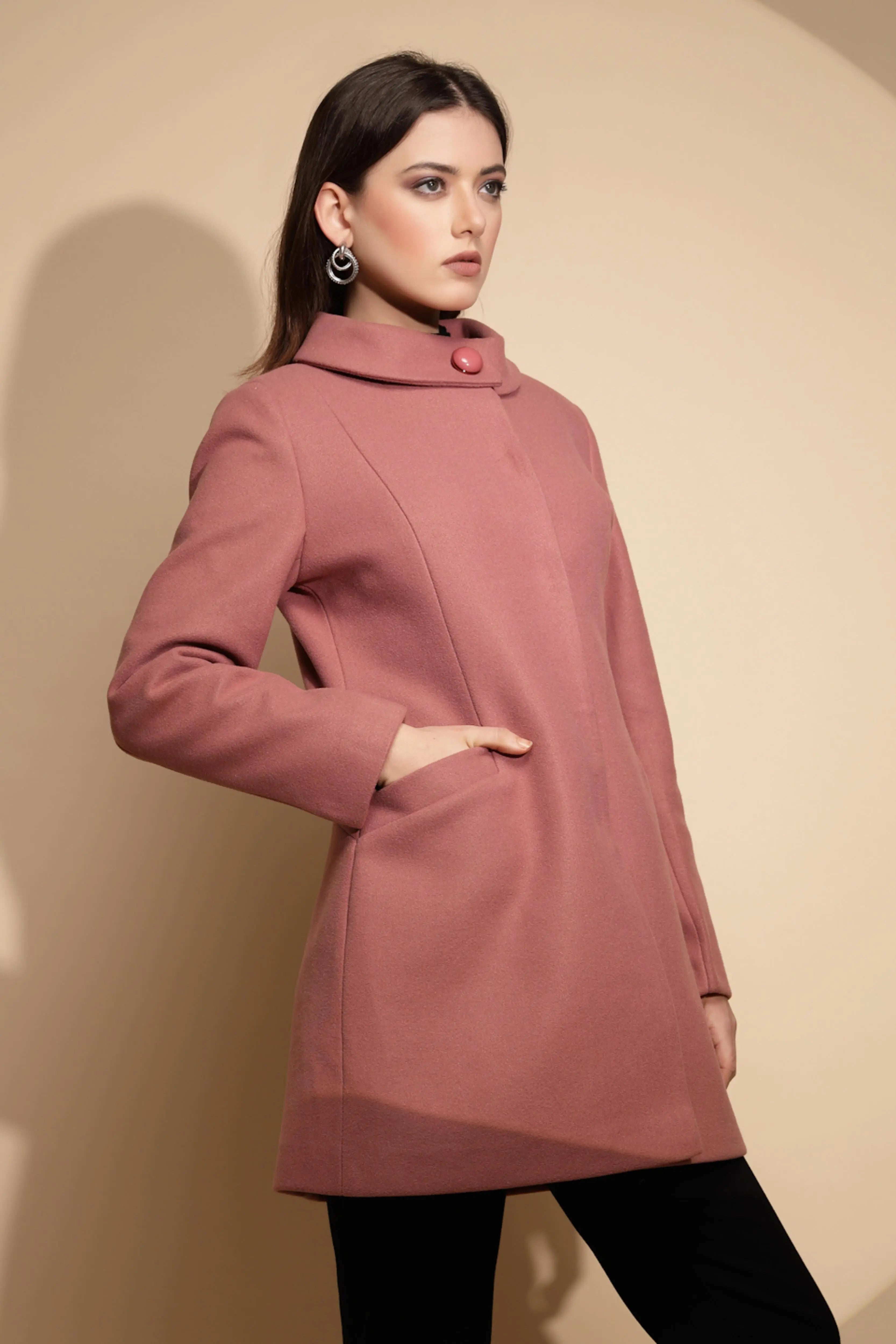 Women Pink Solid High Neck Full Sleeve Loose fit Coat - Global Republic