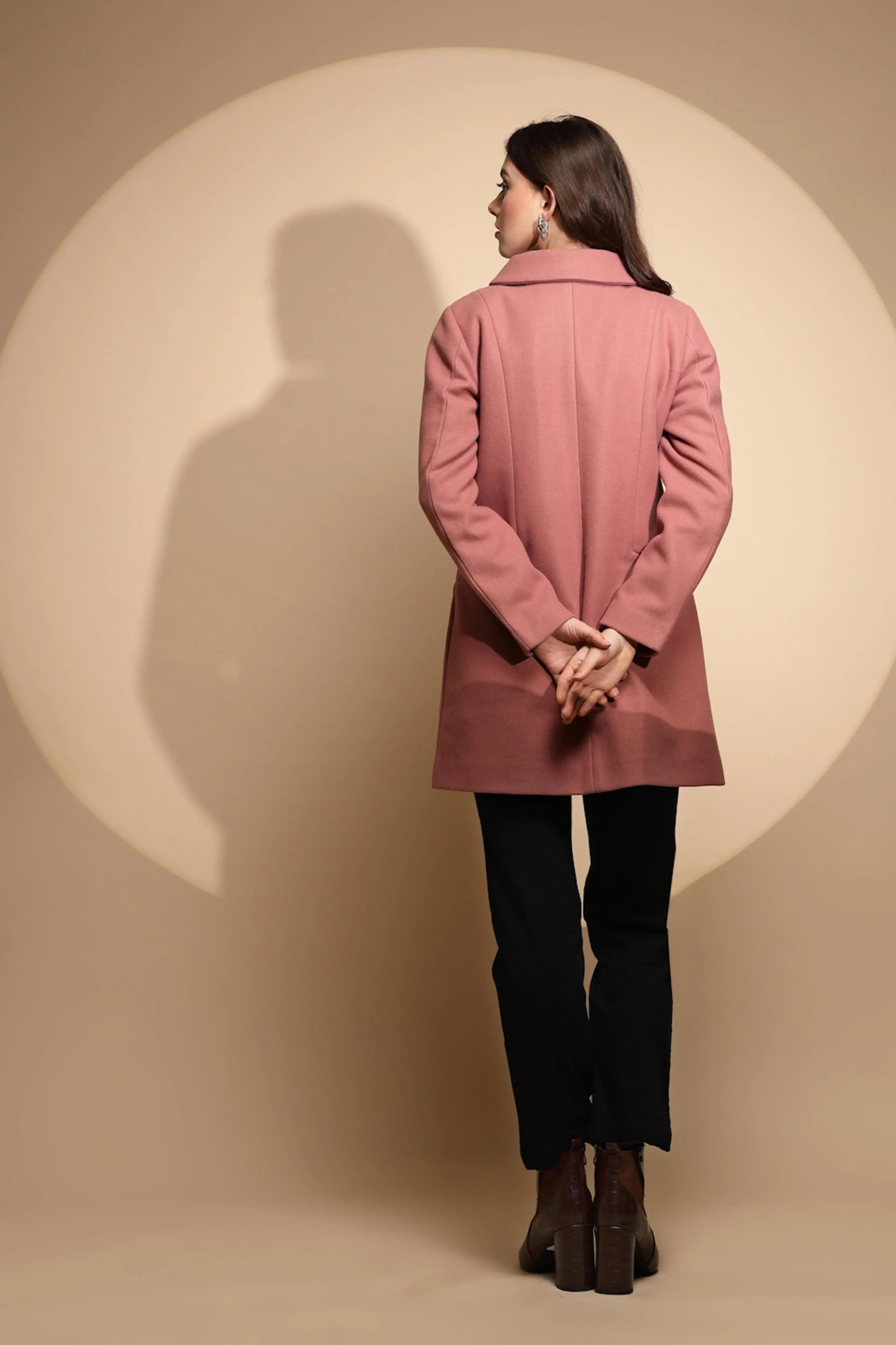 Women Pink Solid High Neck Full Sleeve Loose fit Coat - Global Republic