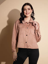 Peach Solid Full Sleeve Collared Neck Suede Shacket