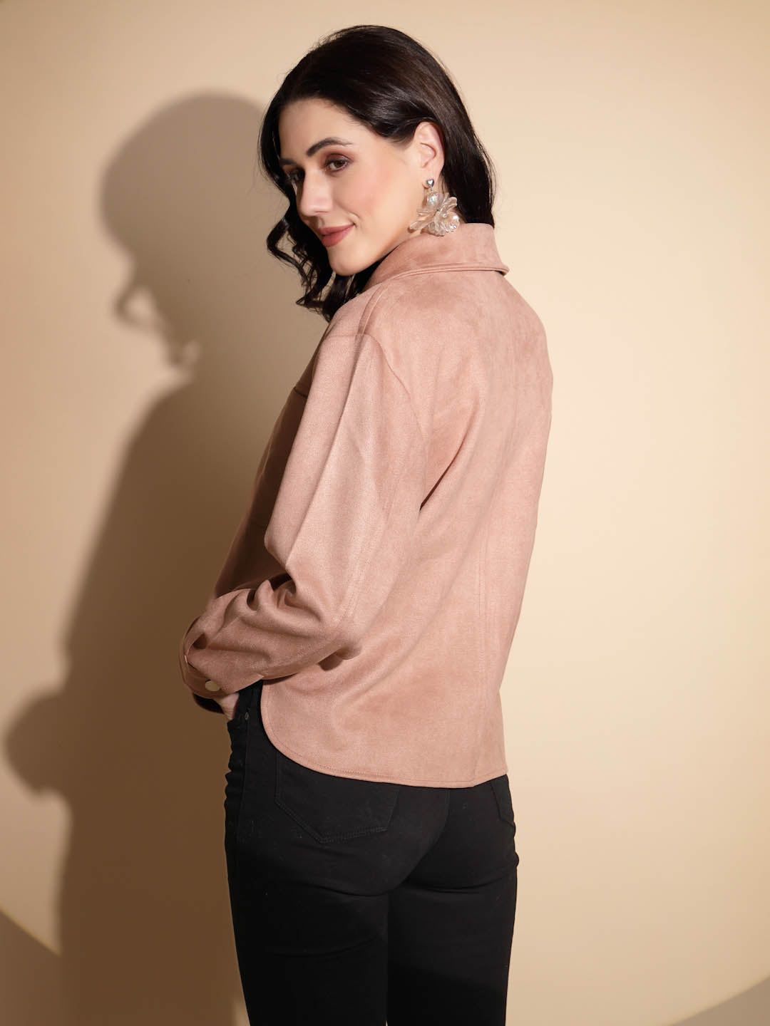 Peach Solid Full Sleeve Collared Neck Suede Shacket
