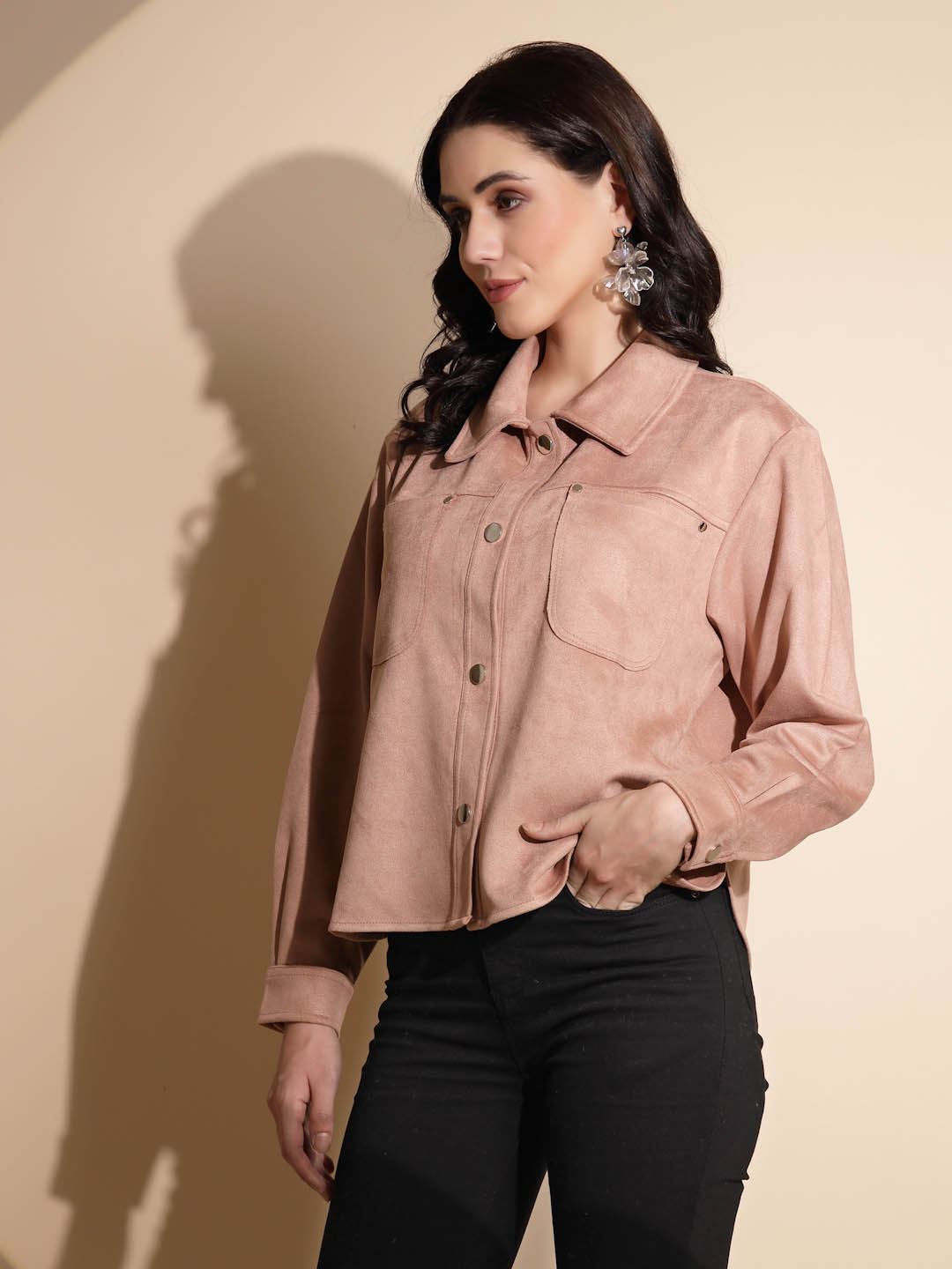 Peach Solid Full Sleeve Collared Neck Suede Shacket