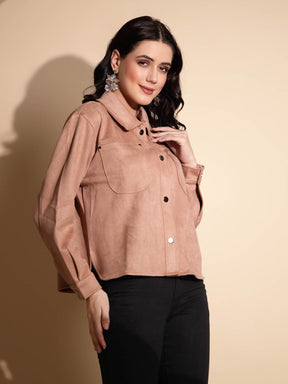 Peach Solid Full Sleeve Collared Neck Suede Shacket