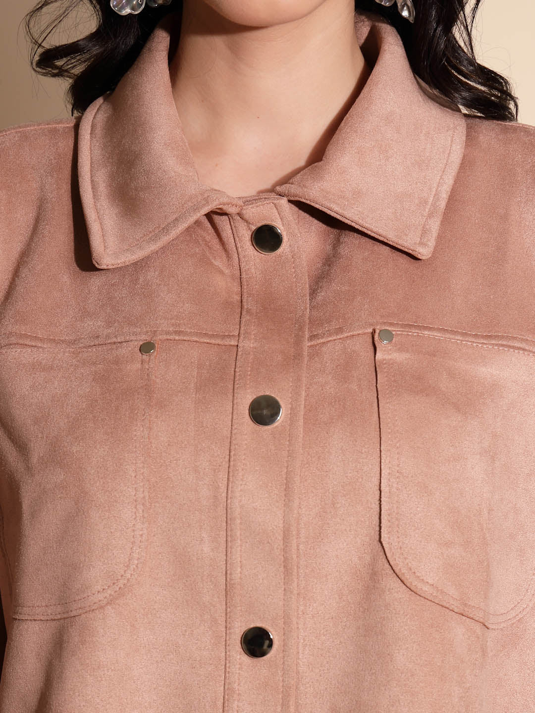 Peach Solid Full Sleeve Collared Neck Suede Shacket